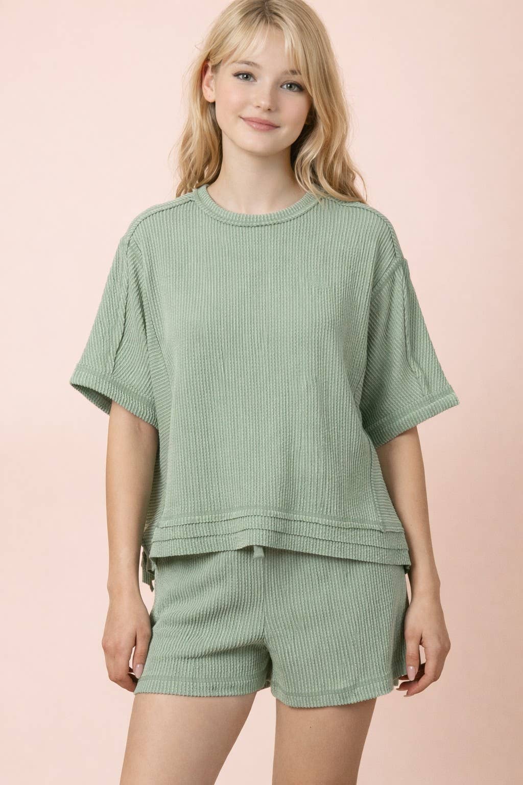 VERY J - NT12686SET-Ribbed Knit Comfy Top & Shorts Set