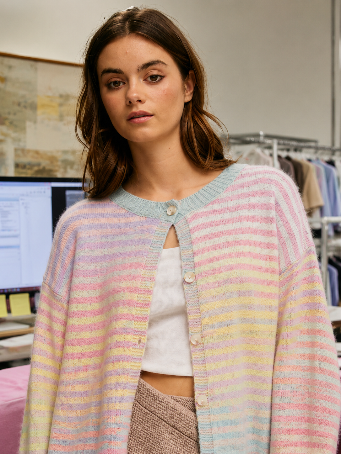 BUCKETLIST INC - IT3002 Space-Dye Striped Button-Down Cardigan