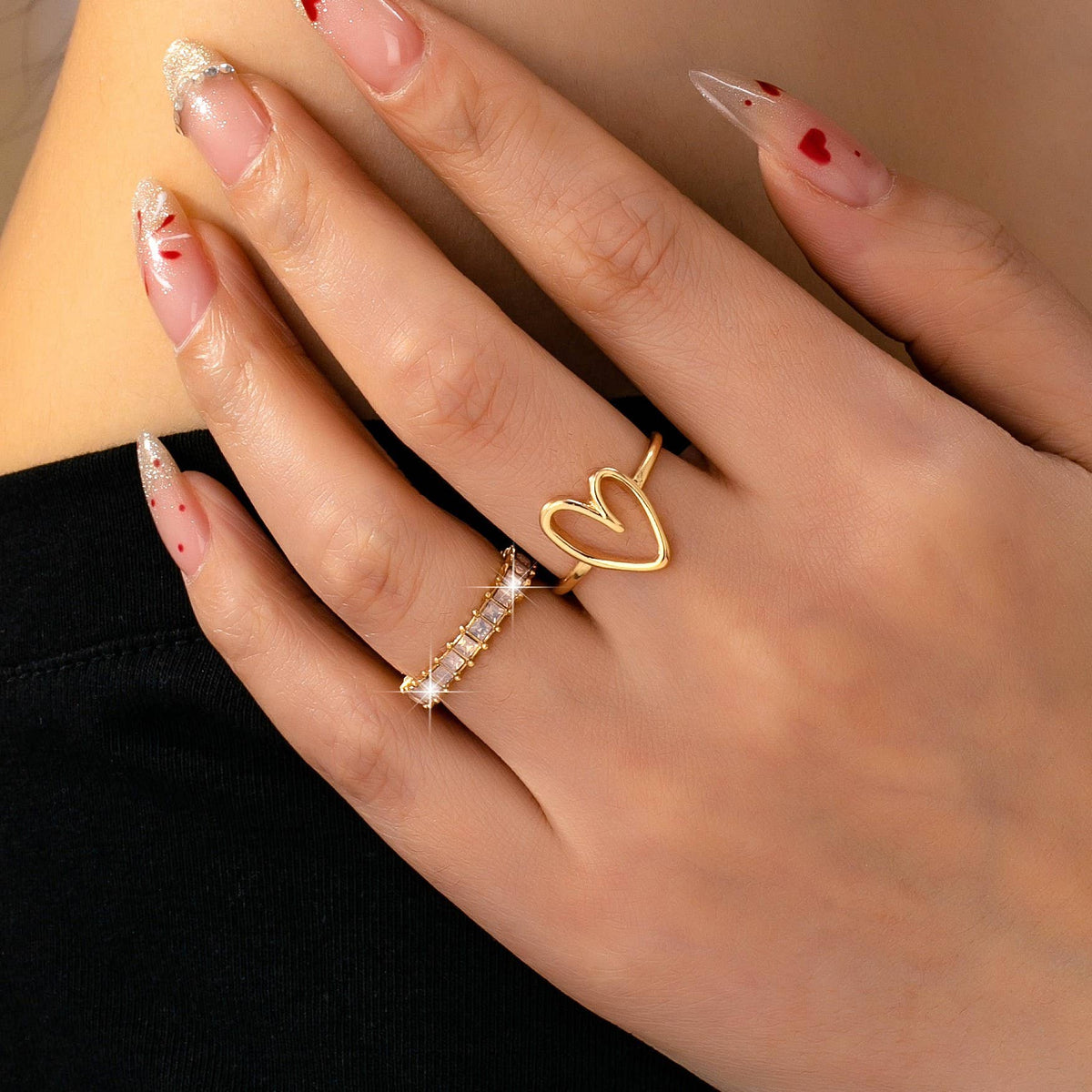 JOSSLYN by wall to wall - Baguette Crystal Heart Open Ring | 80R245