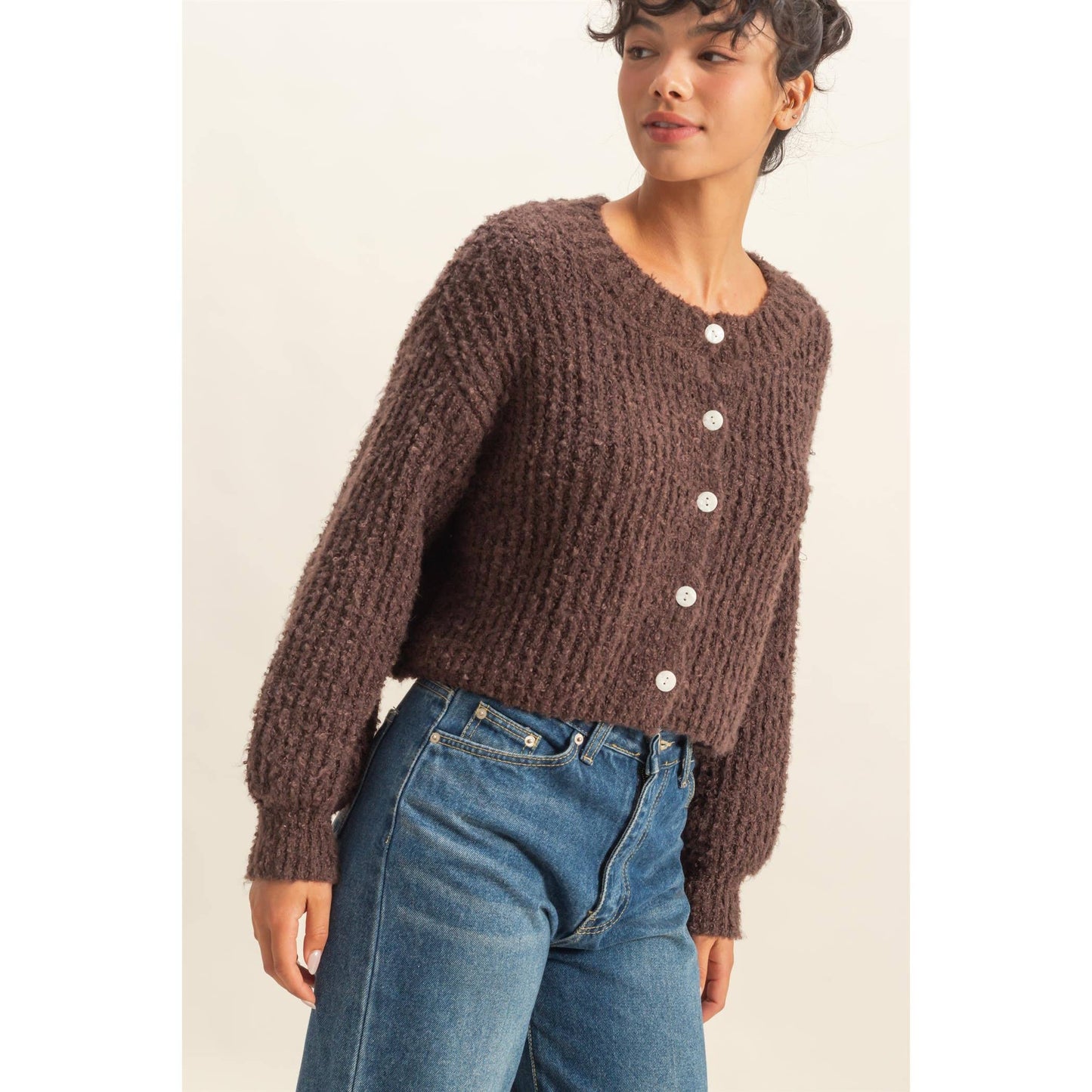 Fluffy Knit Button-Up Cardigan Sweater