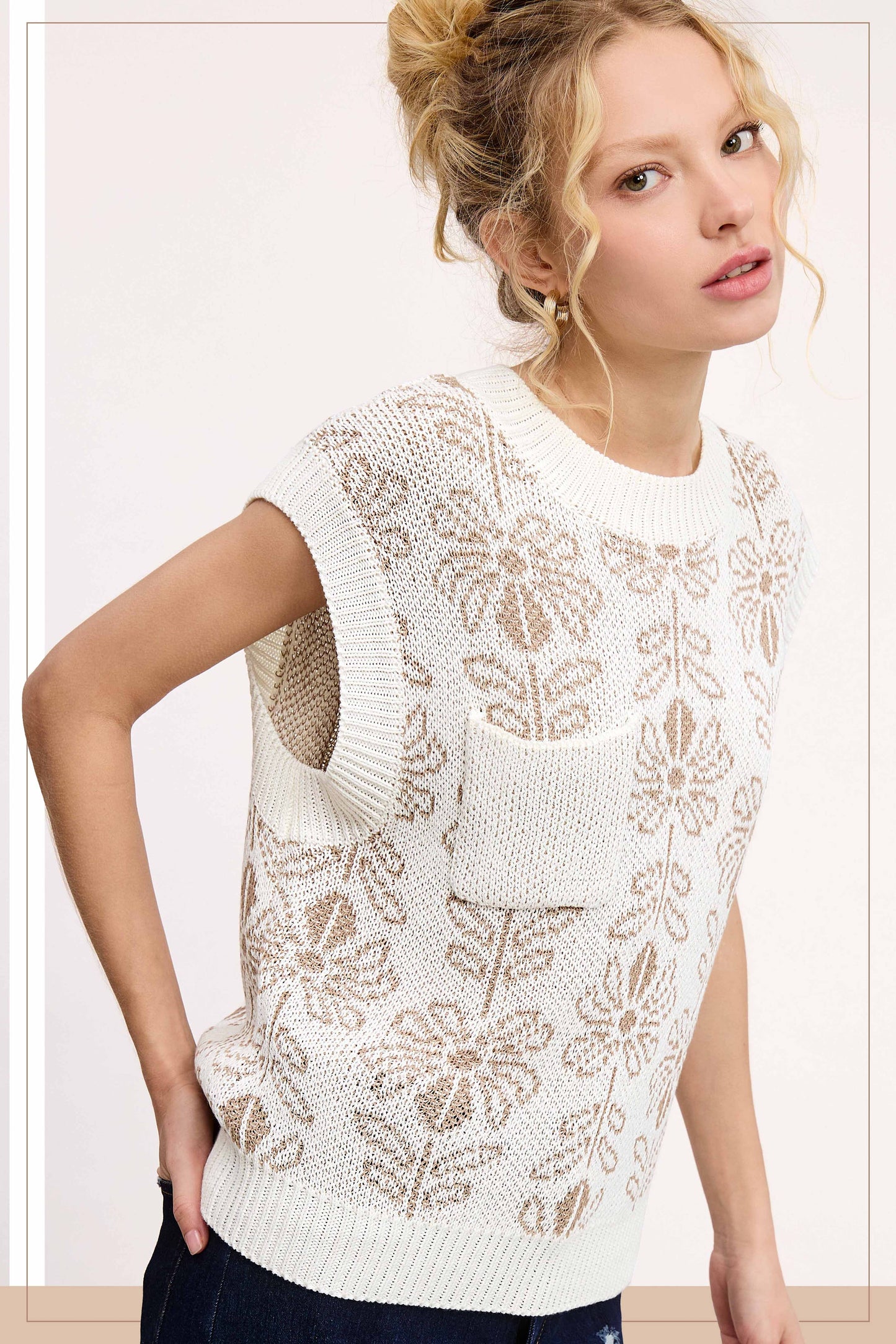 MCS3587-Floral Pattern Sleeveless Sweater Vest Top