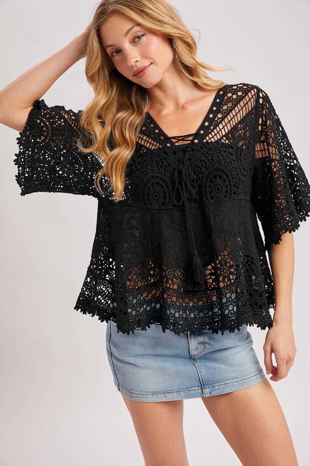 Bluivy - BOHO SHEER CROCHET LACE TOP WITH TASSELS