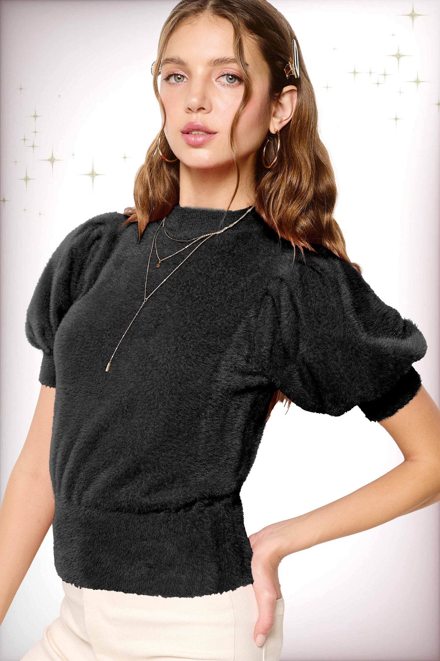 JCS3554-Soft Mohair Puff Short Sleeve Knit Top