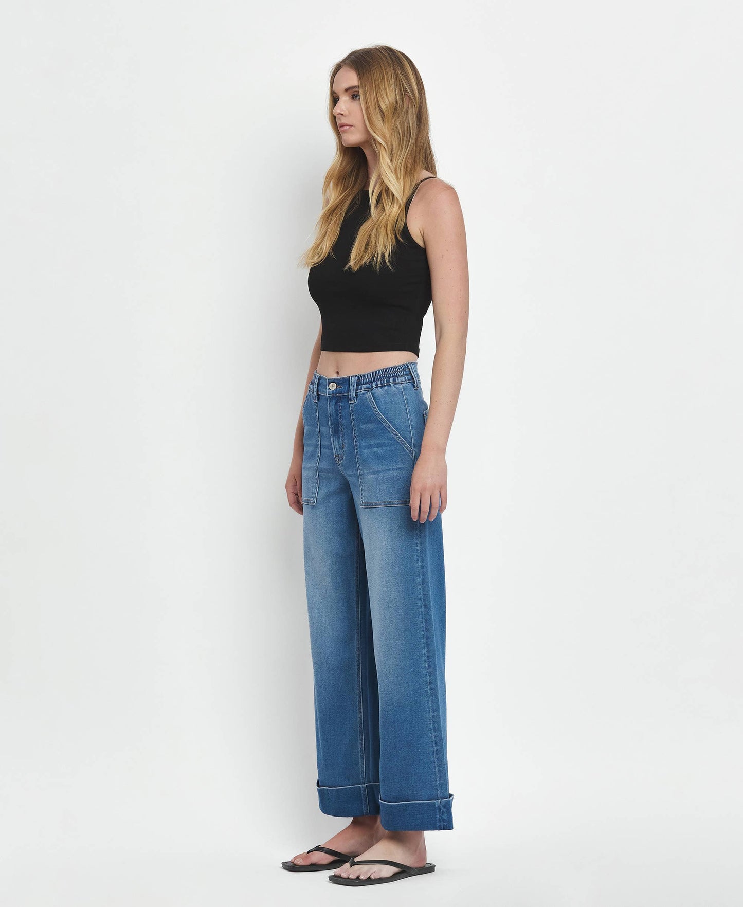 HIGH RISE DOUBLE CUFFED BAGGY WIDE JEANS V3589
