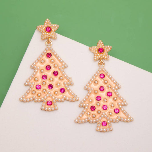 SP Sophia Collection - Pearl Border Pink Crystal Christmas Tree Drop Post Earrings