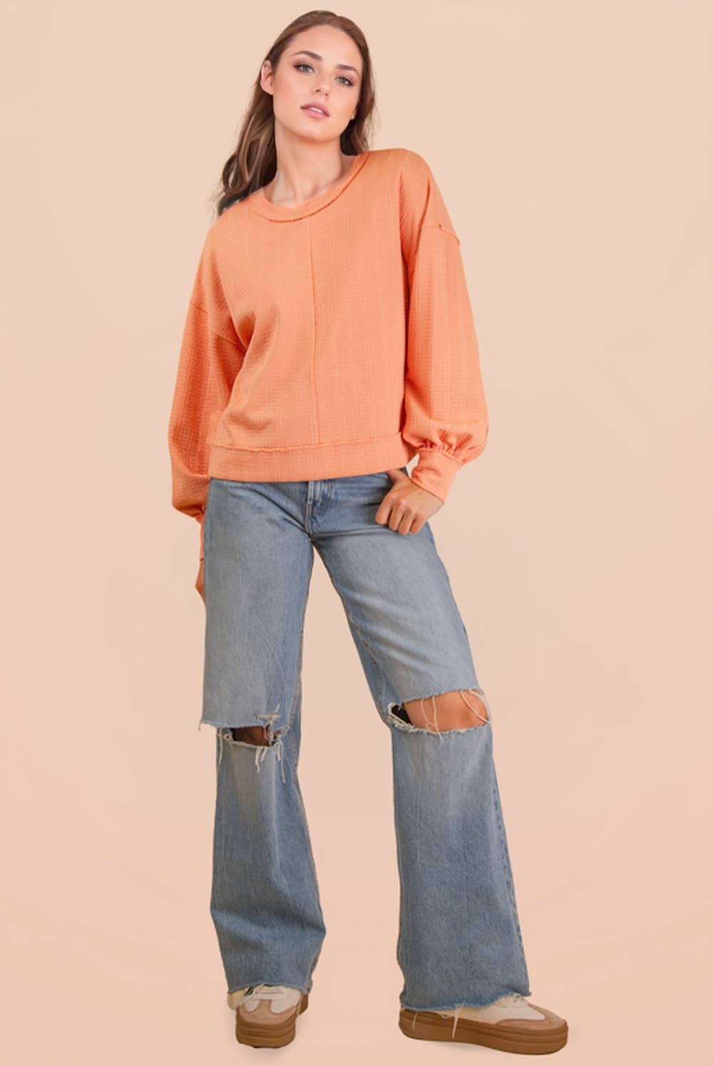 VERY J - NT12413-Raw Edge Detail Oversized Textured Knit Top