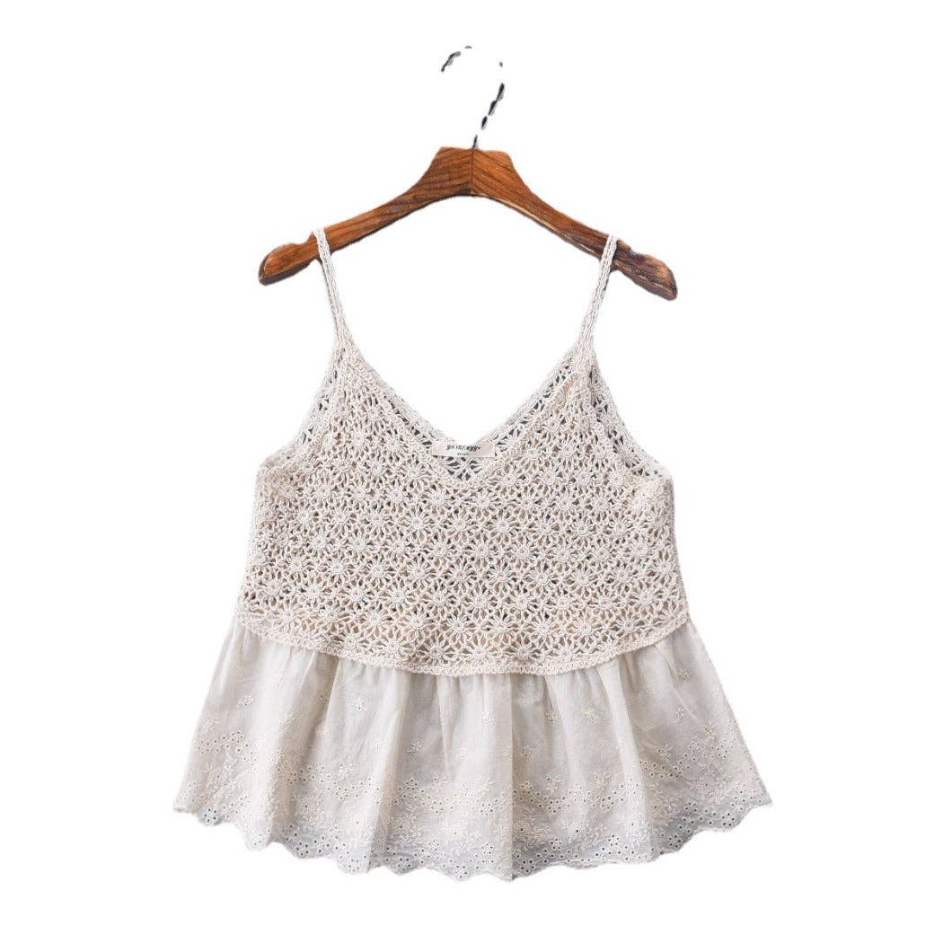 Funkyrel® Atzbranding Limited - Vesty - Lace-Knit V-Neck Cami Top - White & Beige