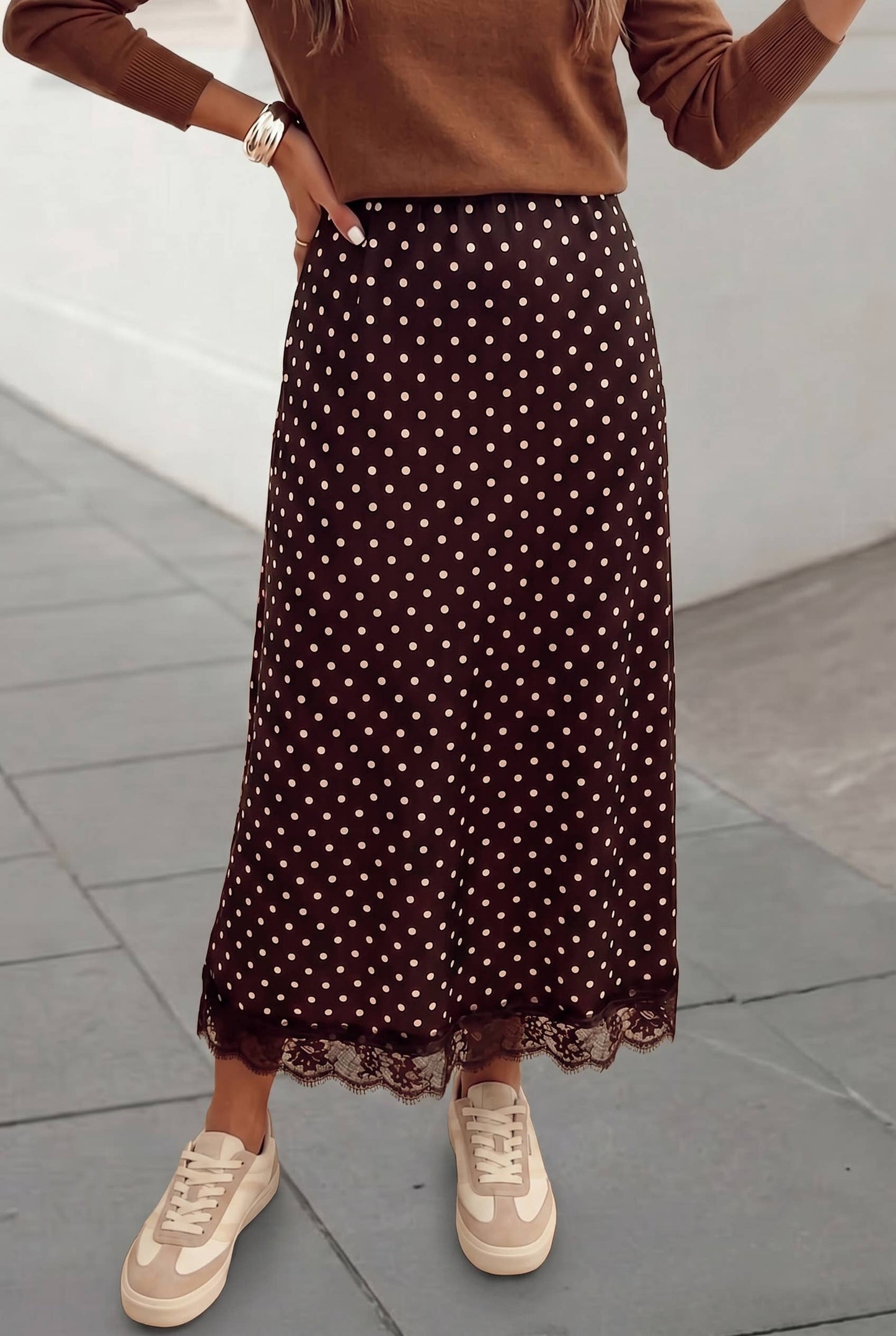 Aapparella - Polka Dot Pirnt Lace Hem Elegant Shift Midi Skirt | S-XL