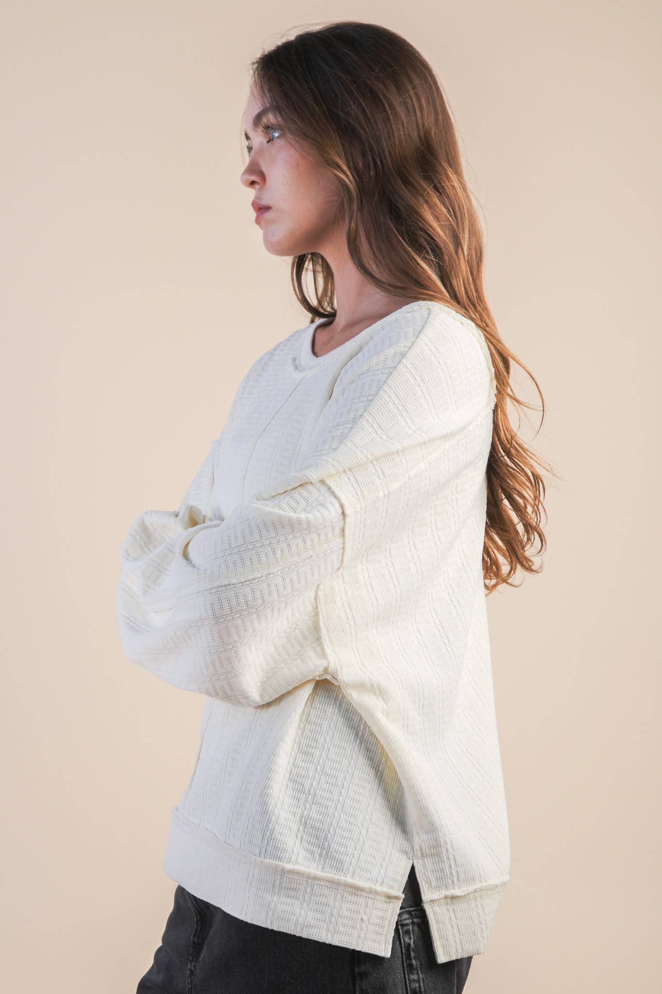 VERY J - NT12413-Raw Edge Detail Oversized Textured Knit Top
