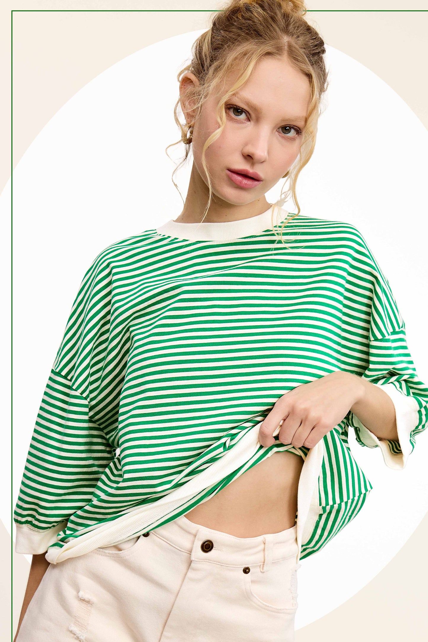 MCT7688-Loose Fit Striped Short Sleeve Crew Neckline Top