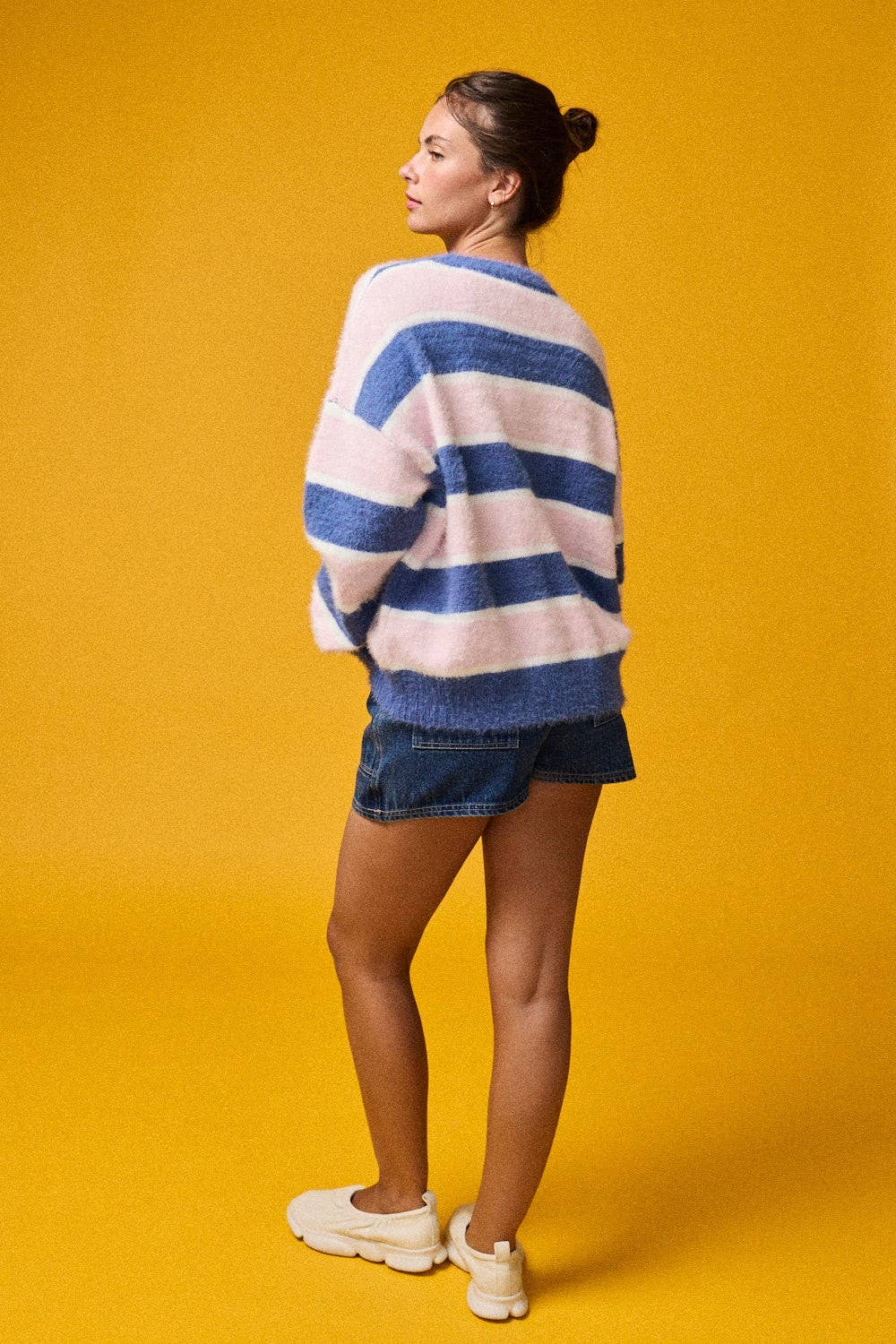 PT19021 - Loose Fit Striped Fuzzy Knit Sweater Top