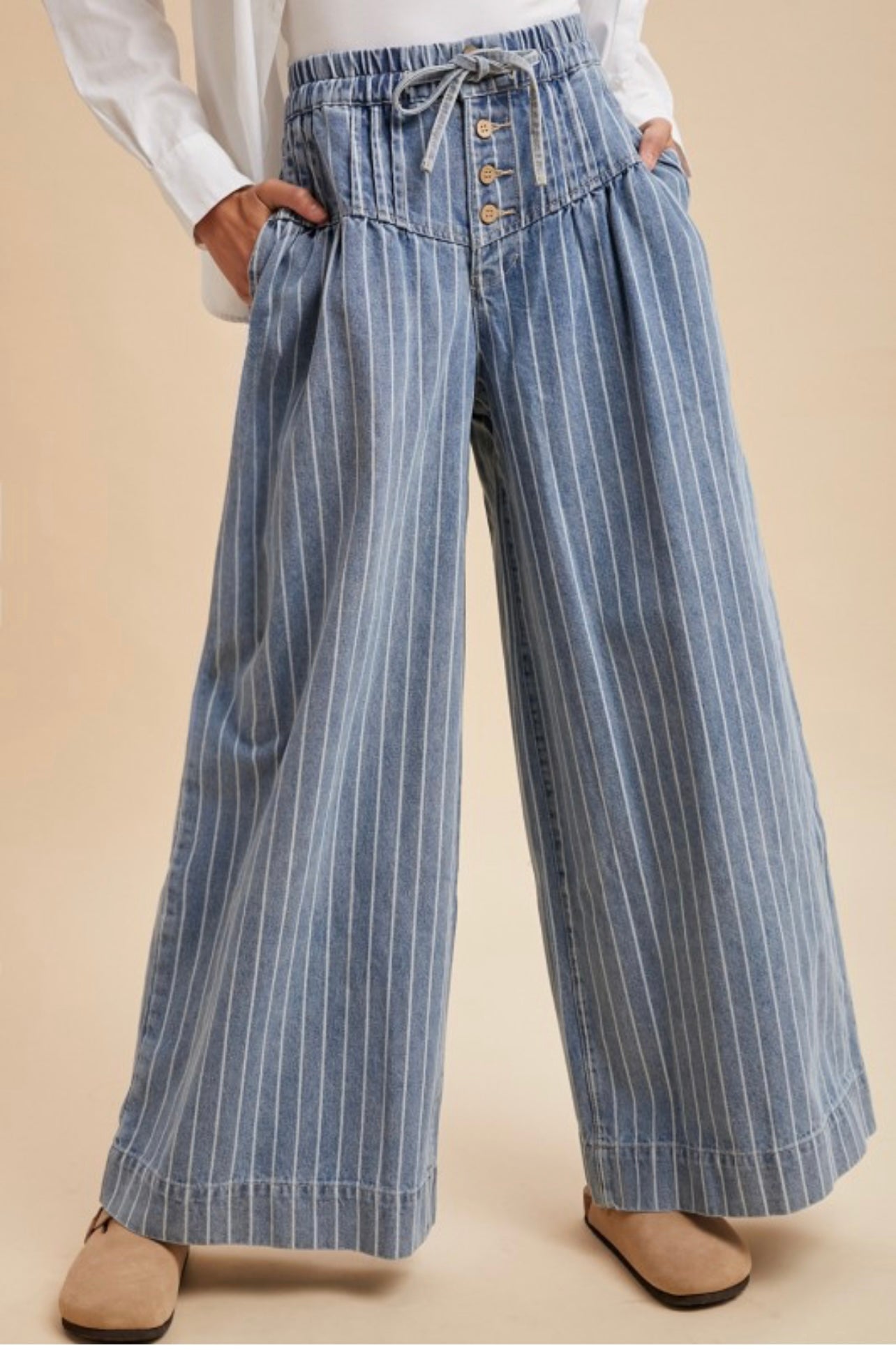 Striped denim wide leg pants