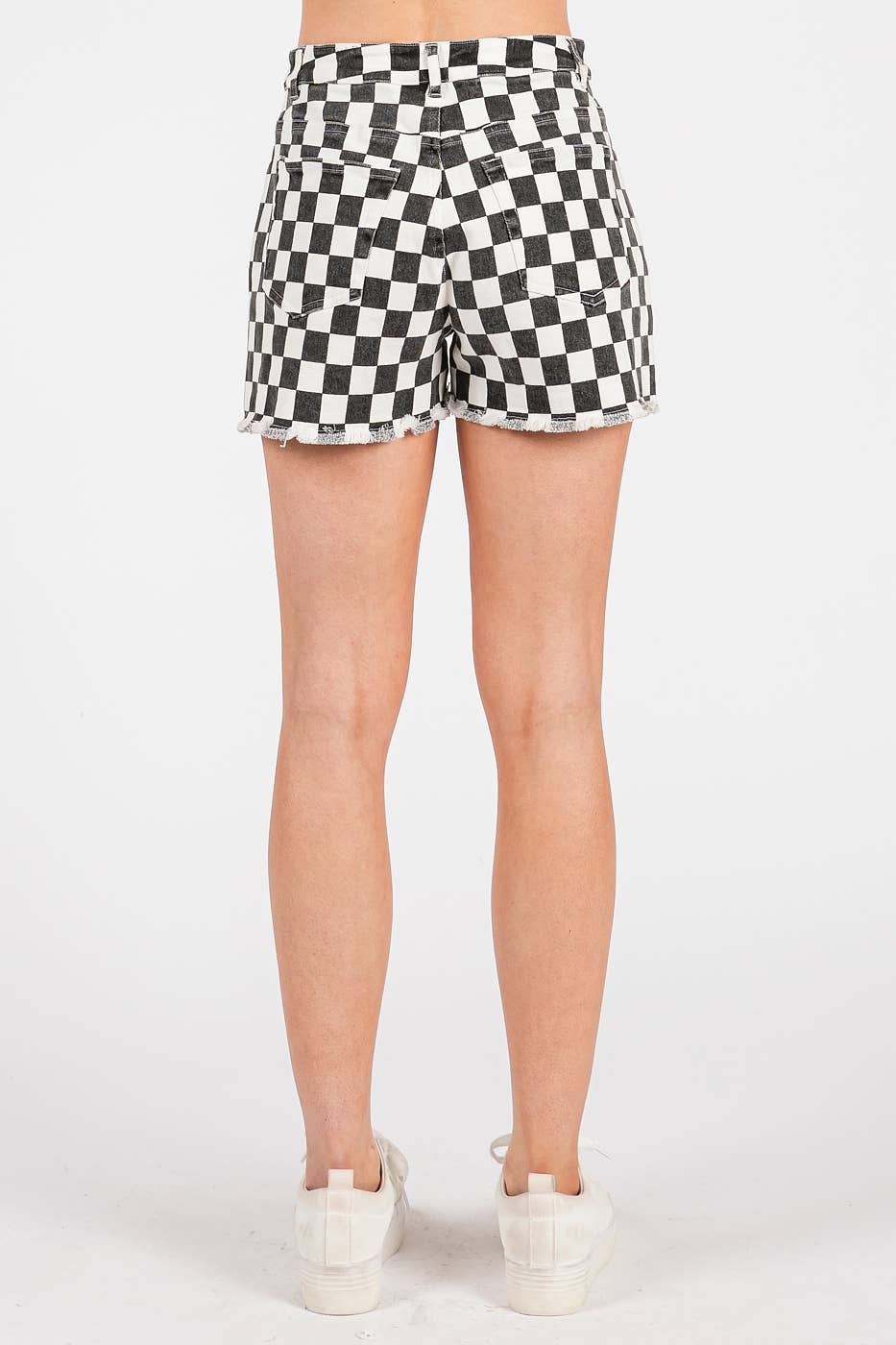GAME DAY CHECKERED FRAYED HEM CASUAL SHORTS