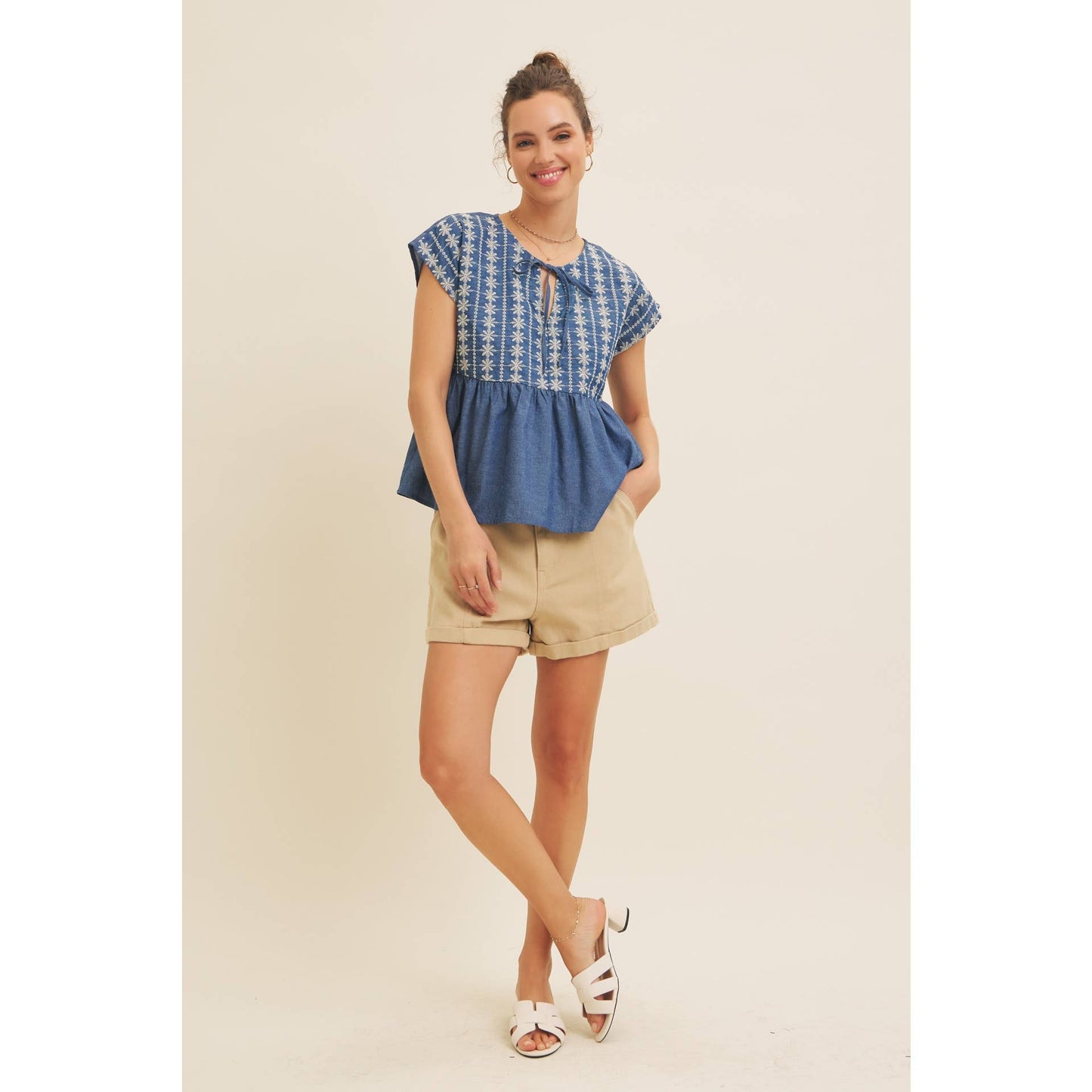 EMBROIDERY BABYDOLL DENIM BLOUSE TOP WITH ROUND SPLIT NECK