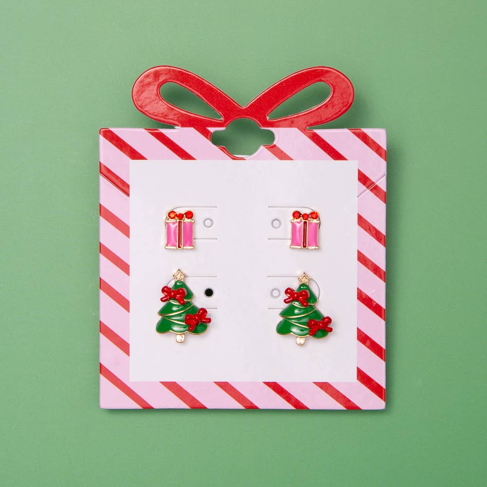 SP Sophia Collection - Christmas Tree and Present Enamel Post Earring Set