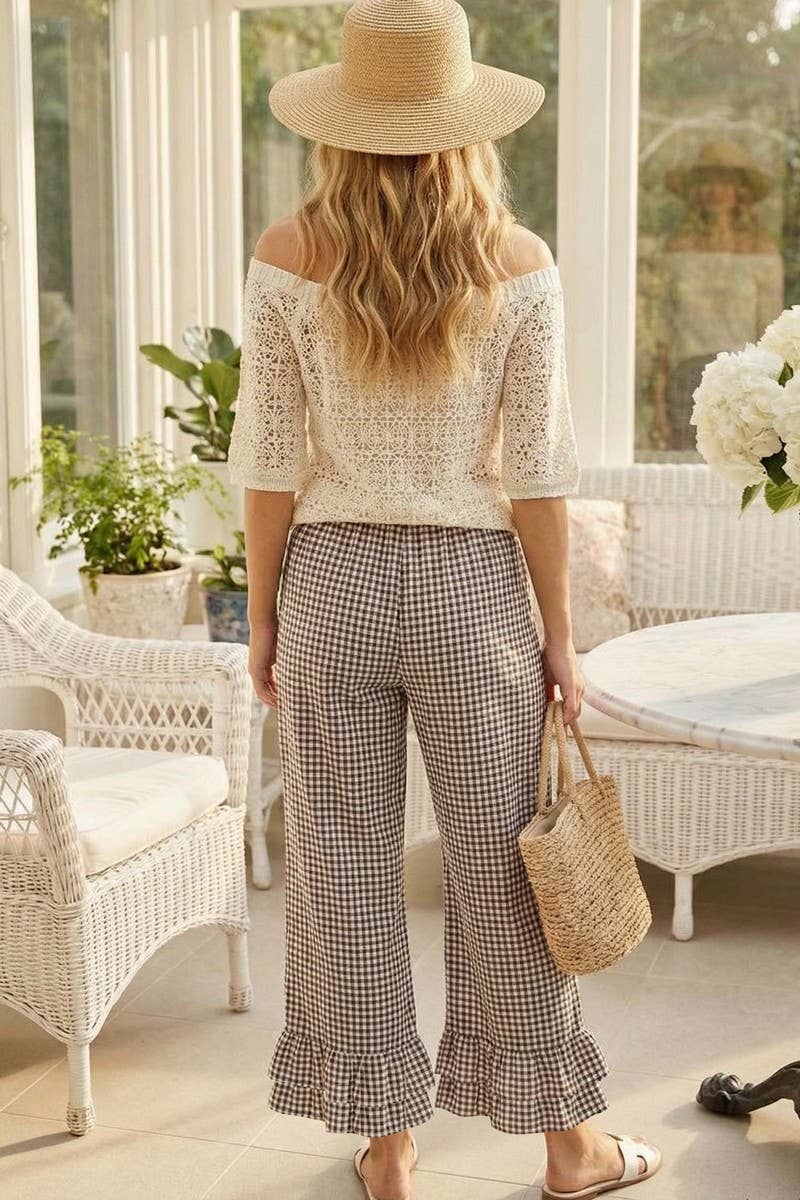 Gingham Casual Ruffled Hem 100%Cotton Cropped Pants VP83379A