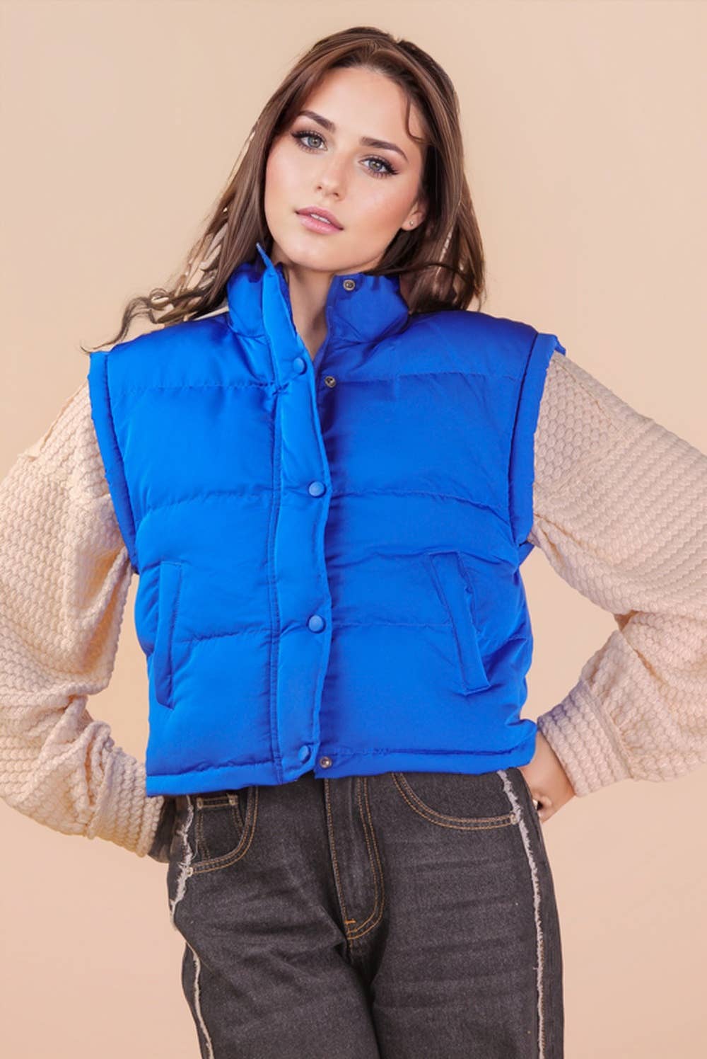 NJ90283-Mock Neck Casual Puffer Vest