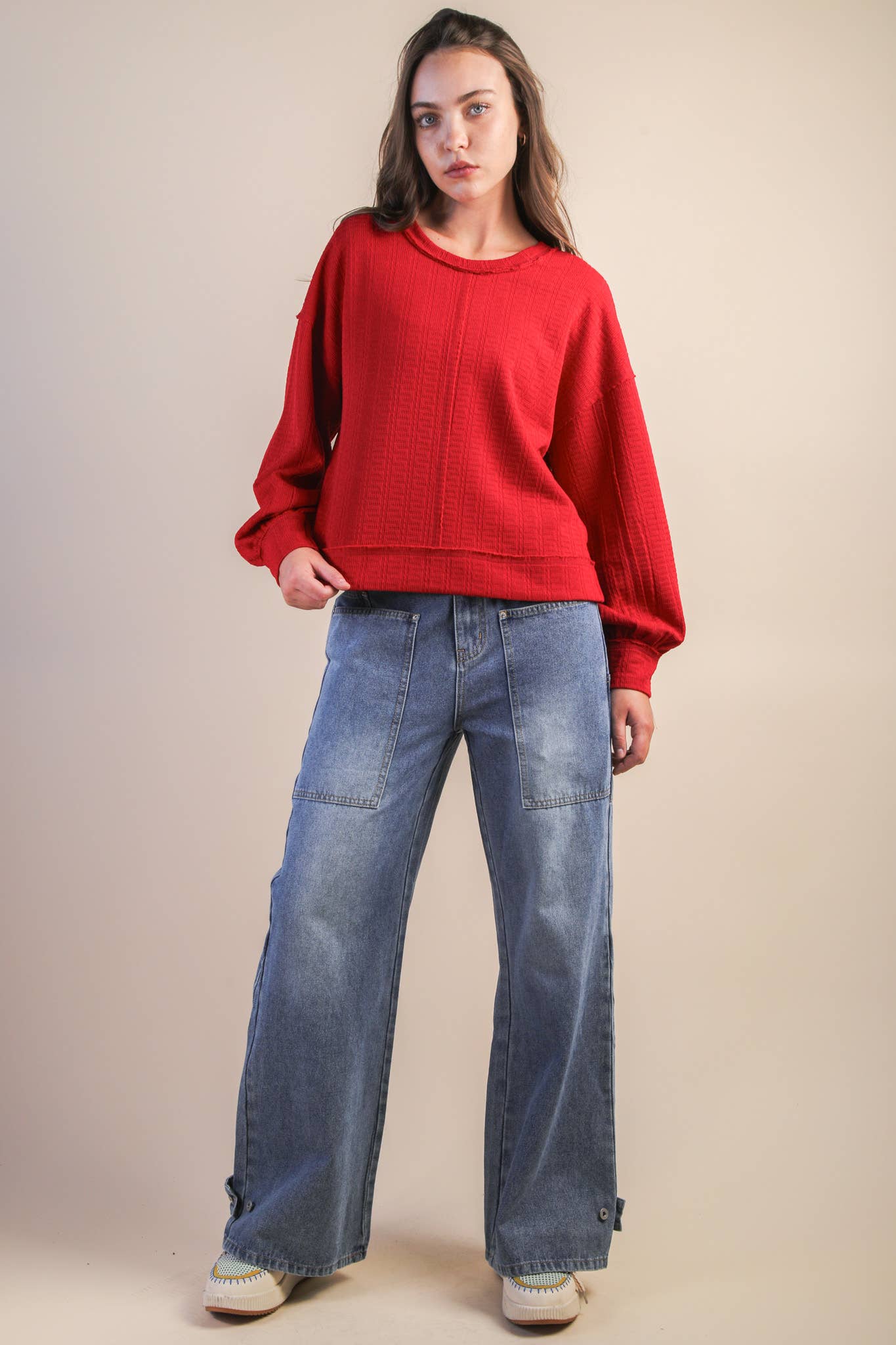 VERY J - NT12413-Raw Edge Detail Oversized Textured Knit Top