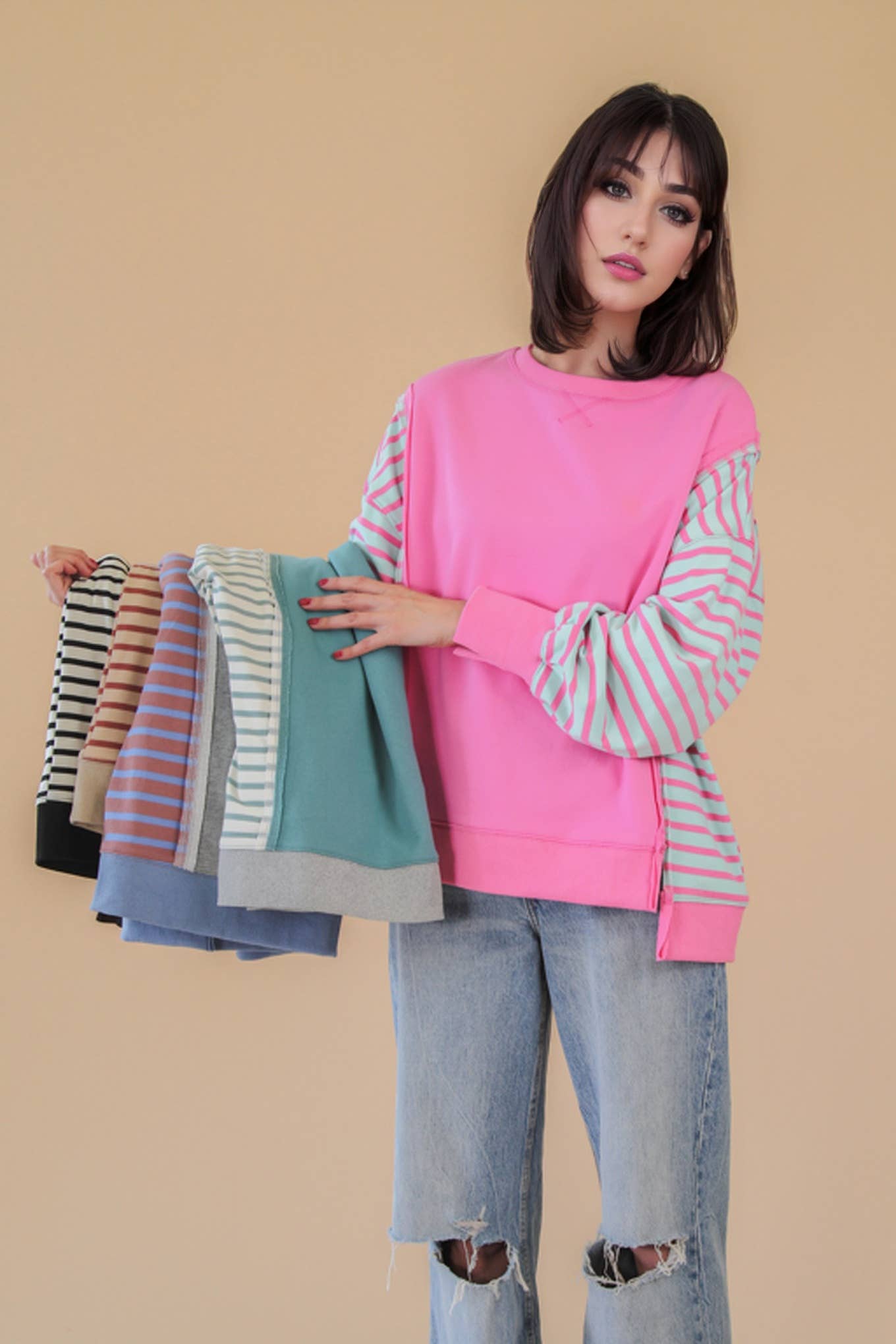 NT12221-Oversized Striped Casual Knit Top