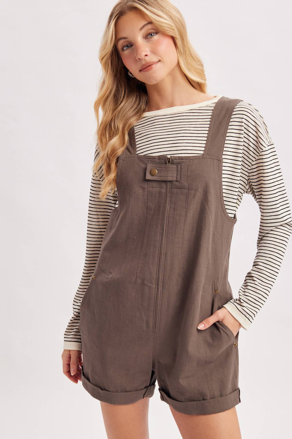 ZIPPER FRONT SNAP BUTTON SQUARE NECK SHORTALLS