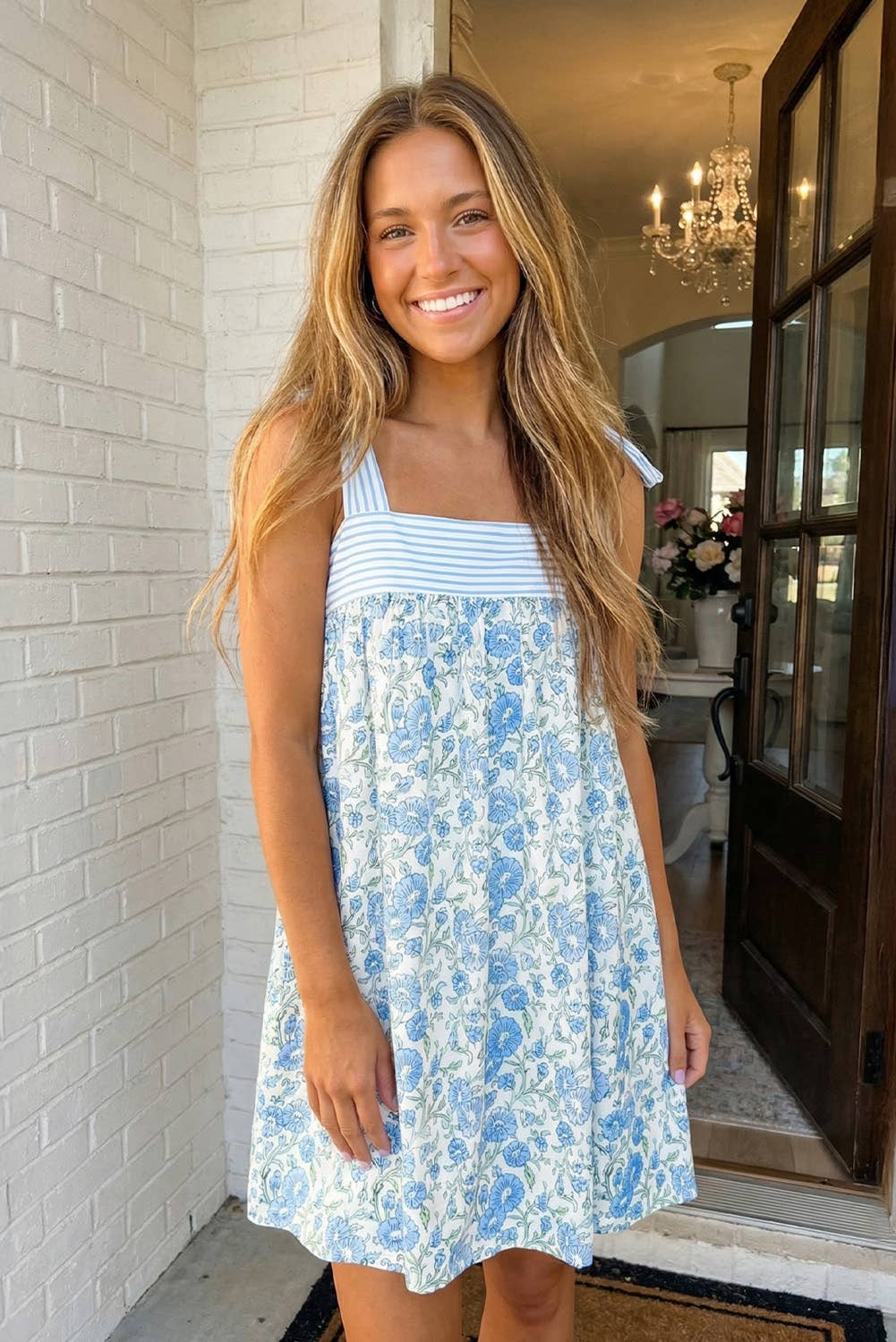 Floral Stripe Patchwork Bow Knot Strap Mini Dress