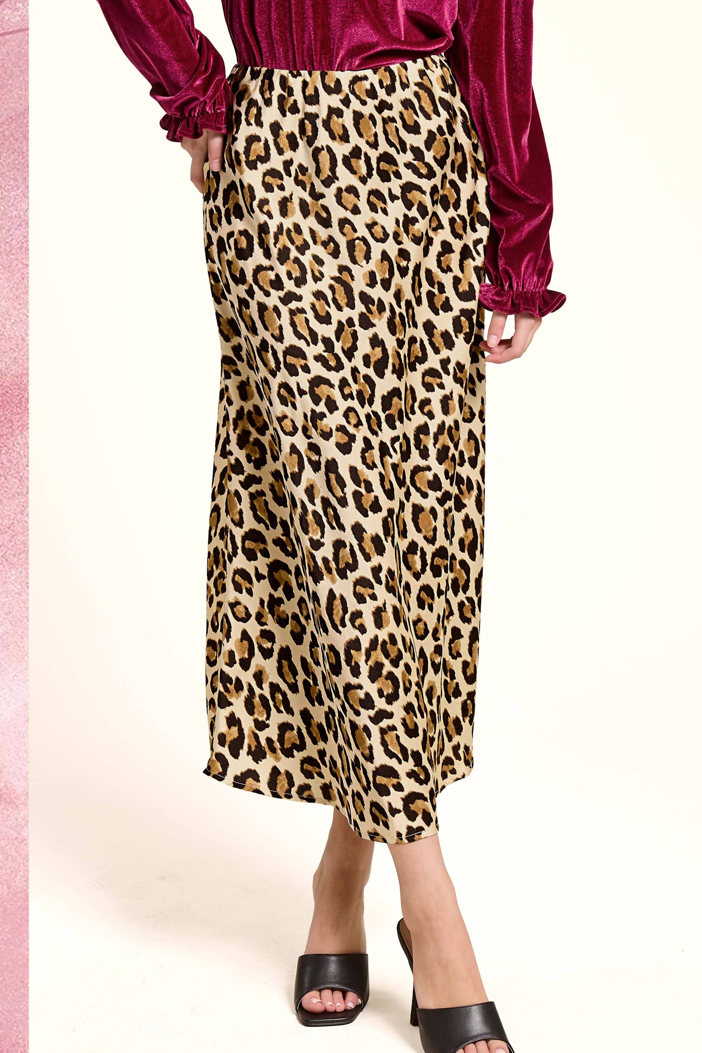 JDP4235-Leopard Dressy Satin Skirt Long Panel Skirt