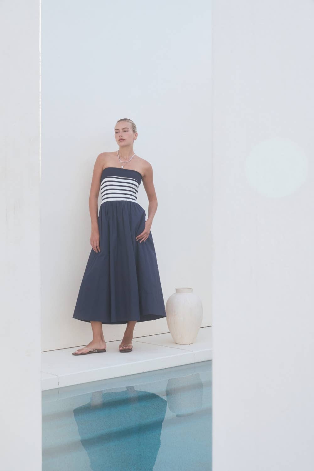 Dottie Dottié Garage - Stripe Knit Bodice Strapless Woven Skirt Midi Dress