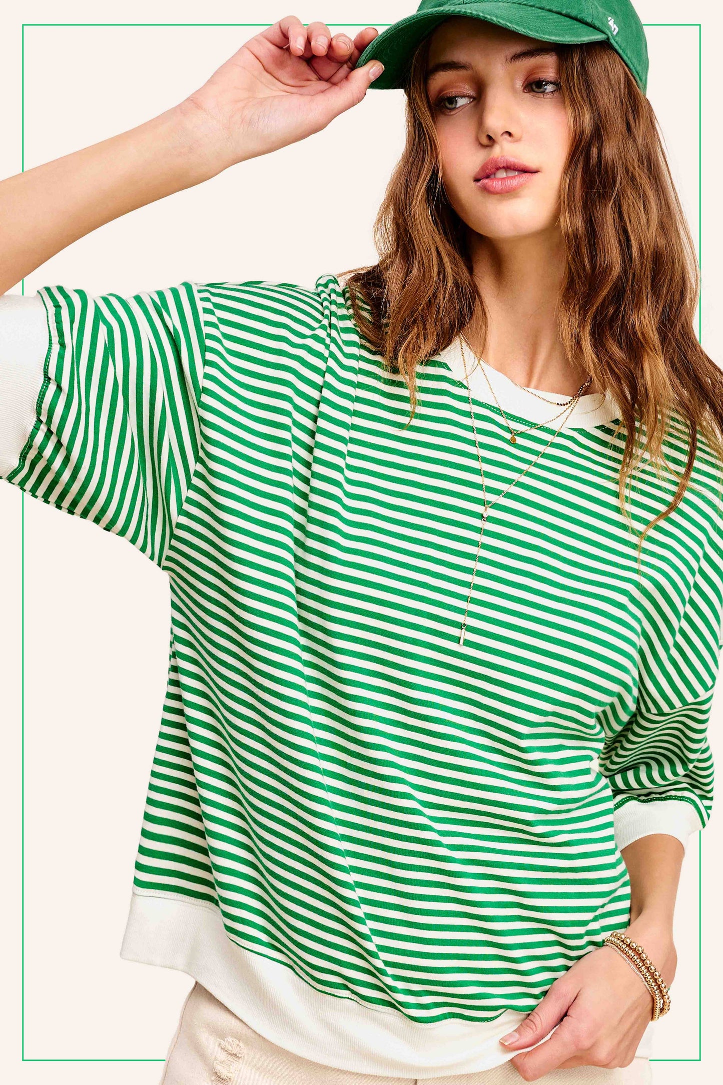 MCT7688-Loose Fit Striped Short Sleeve Crew Neckline Top
