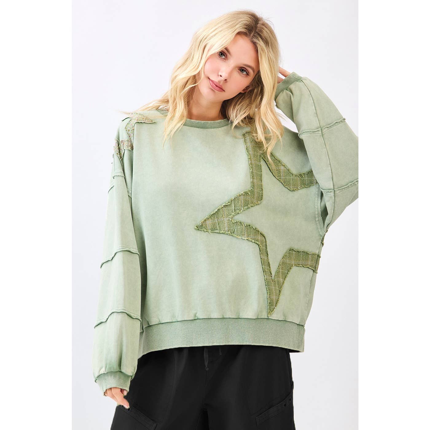 mittoshop - STAR PATCHWORK MINERAL WASH LONG SLEEVE SWEATSHIRT
