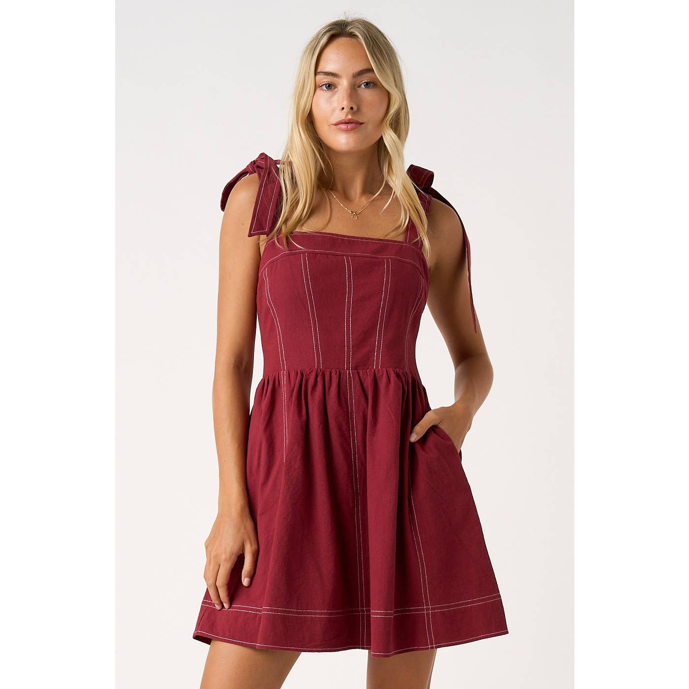 GAME DAY CONTRAST STITCH TIE SHOULDER MINI DRESS