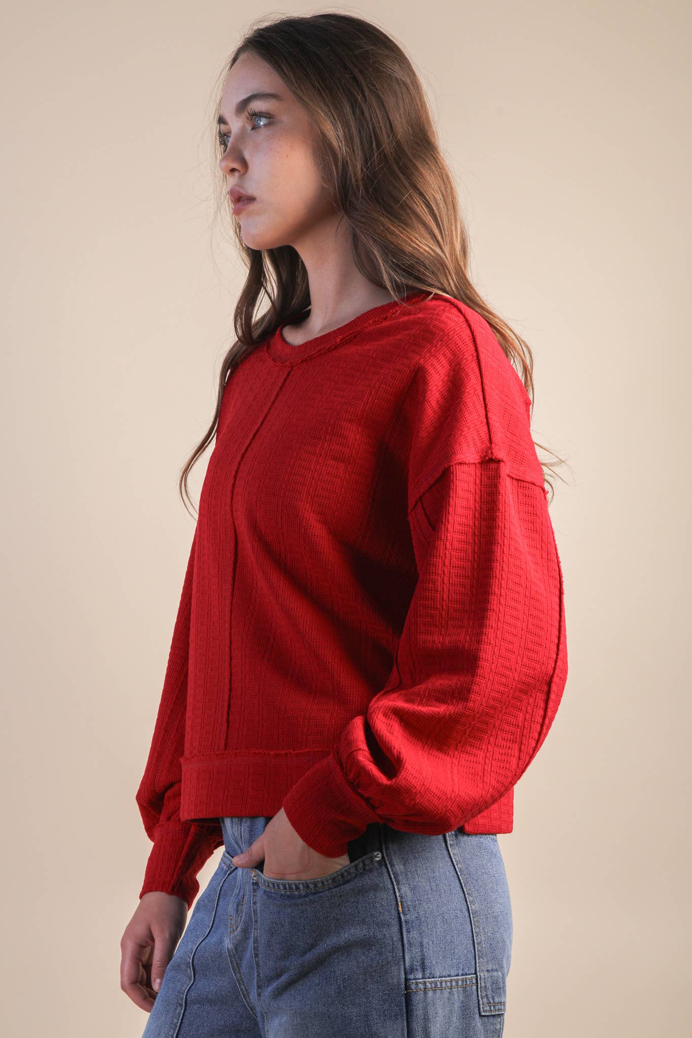 VERY J - NT12413-Raw Edge Detail Oversized Textured Knit Top