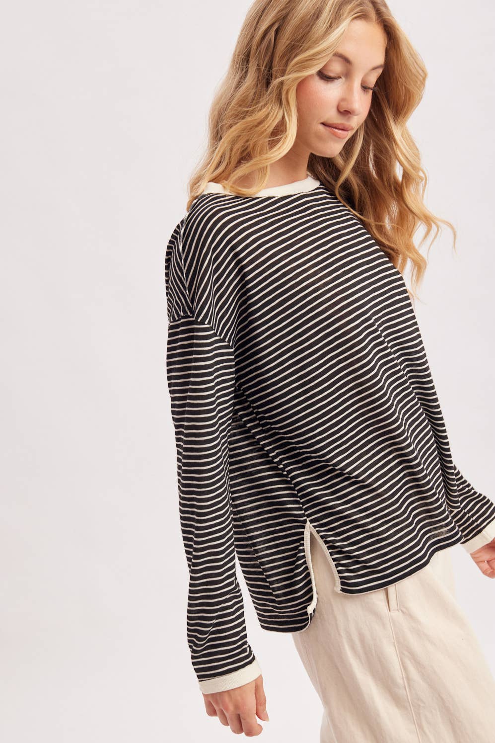OVERSIZED BOXY STRIPED KNIT LONG SLEEVE TOP