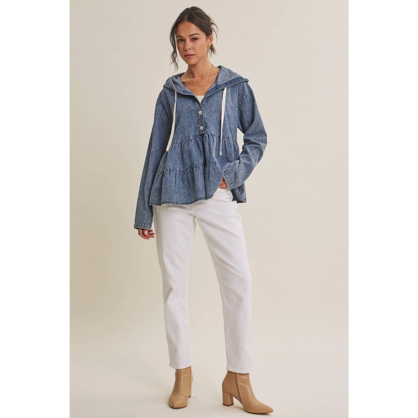 in february - DUSTY ROAD MINERAL-WASHED HOODED TIERED RUFFLES DENIM TOP