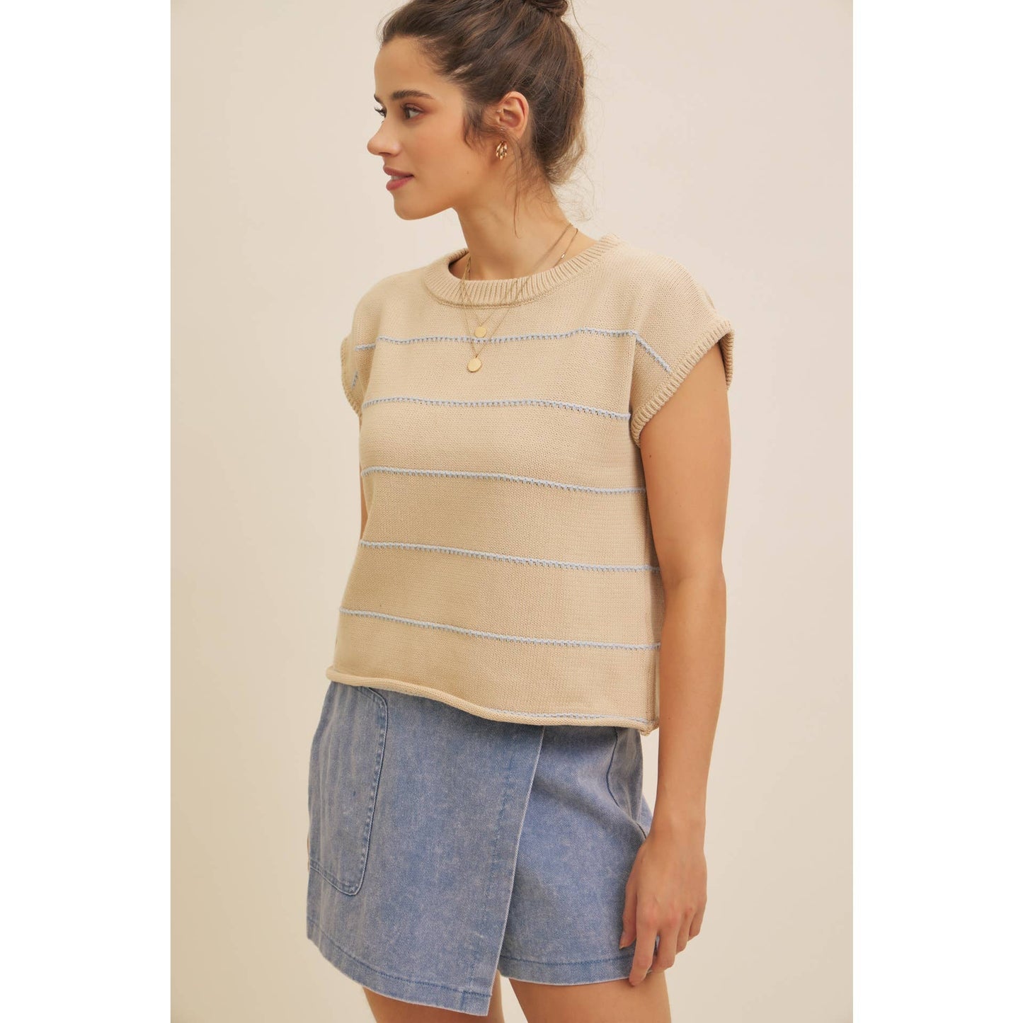 STITCH DETAILED STRIPE SWEATER TOP