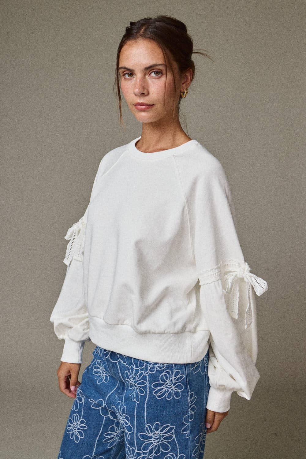 PT18996 - Bow Sleeve Sweatshirt- Lace Trim Detail