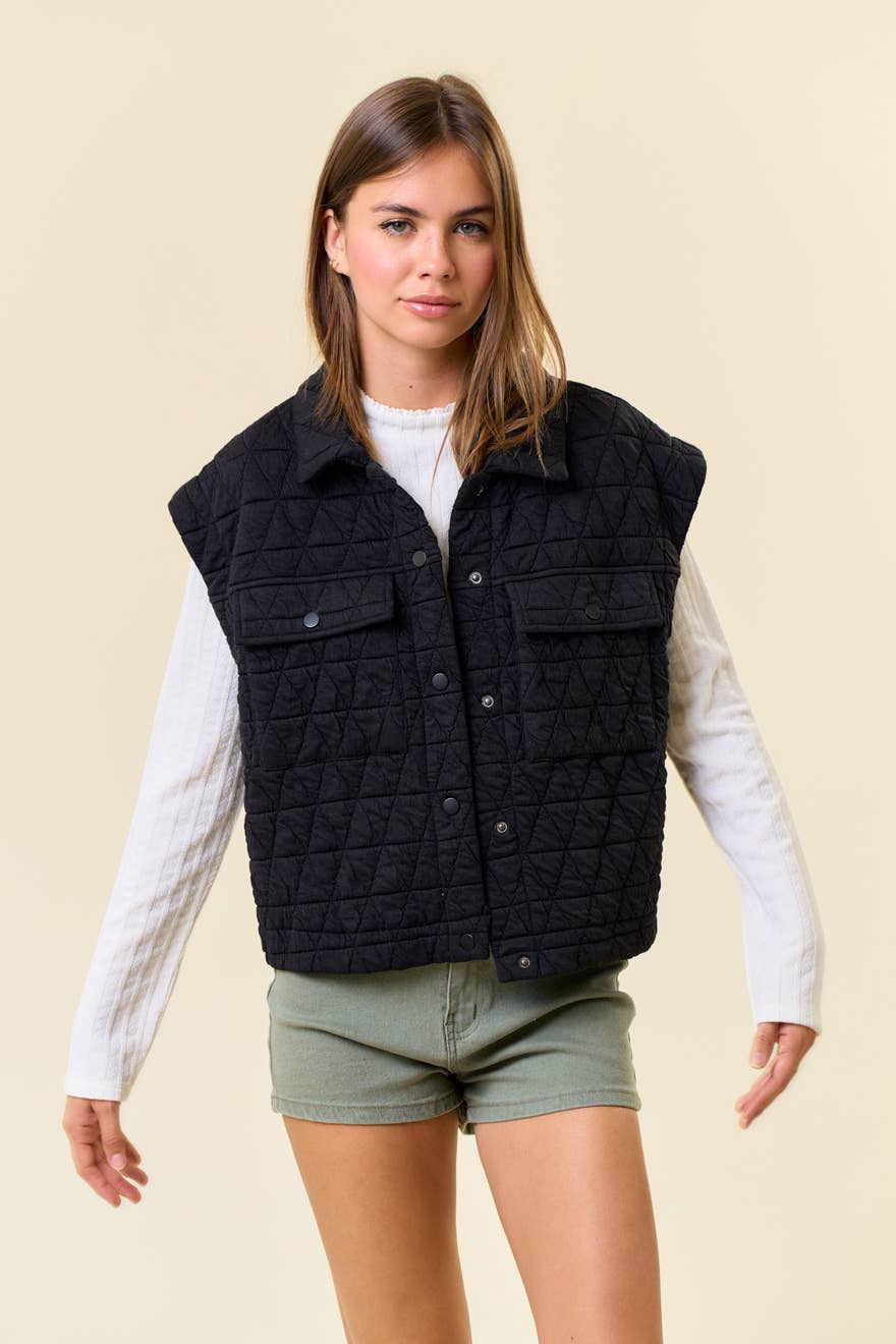 QUILTED POINT COLLAR FLAP PATCHED POCKET VEST - 10626J-1