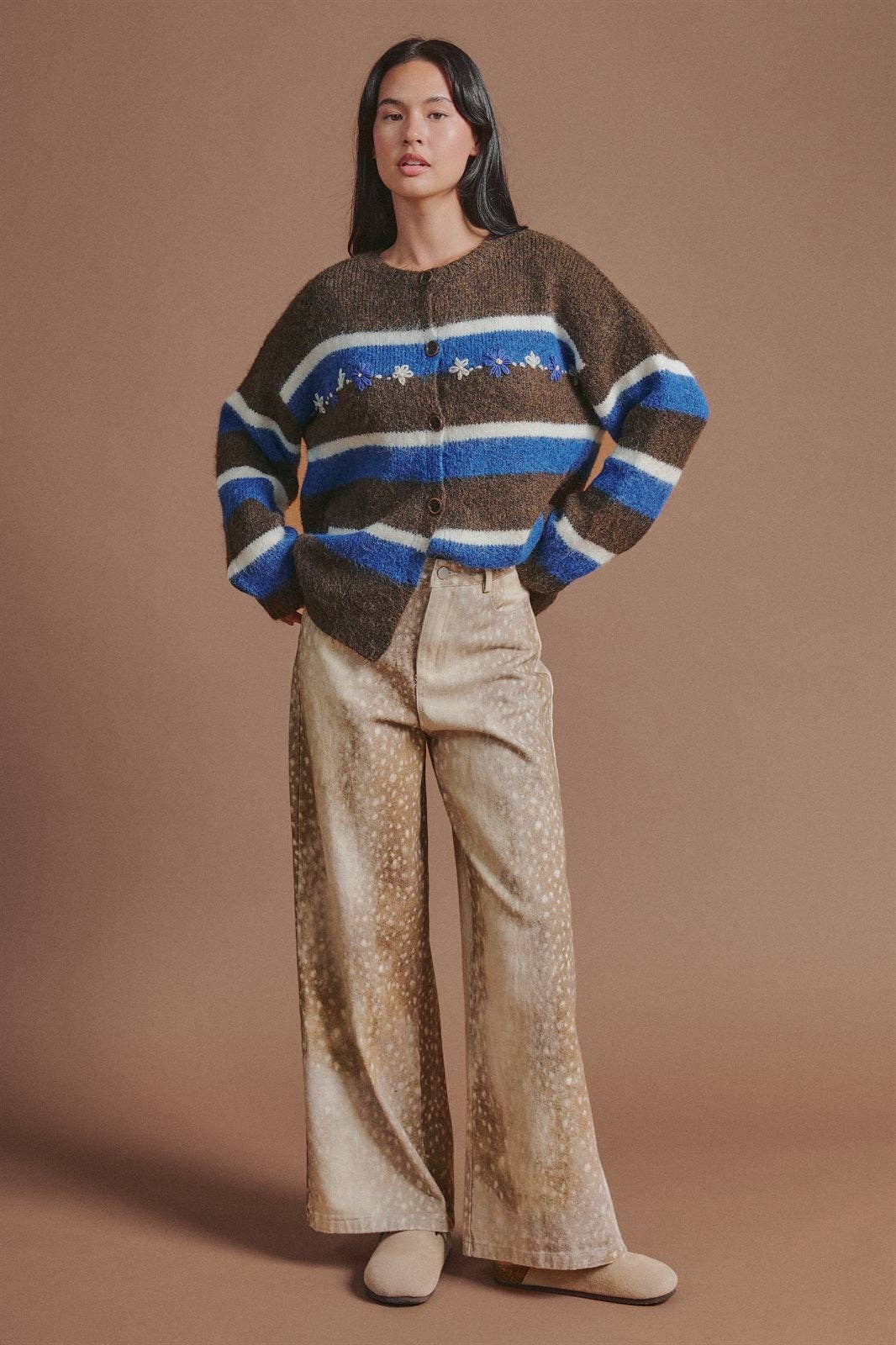 Urban Daizy - Deer Spot Print Wide Leg Cotton Twill Pants