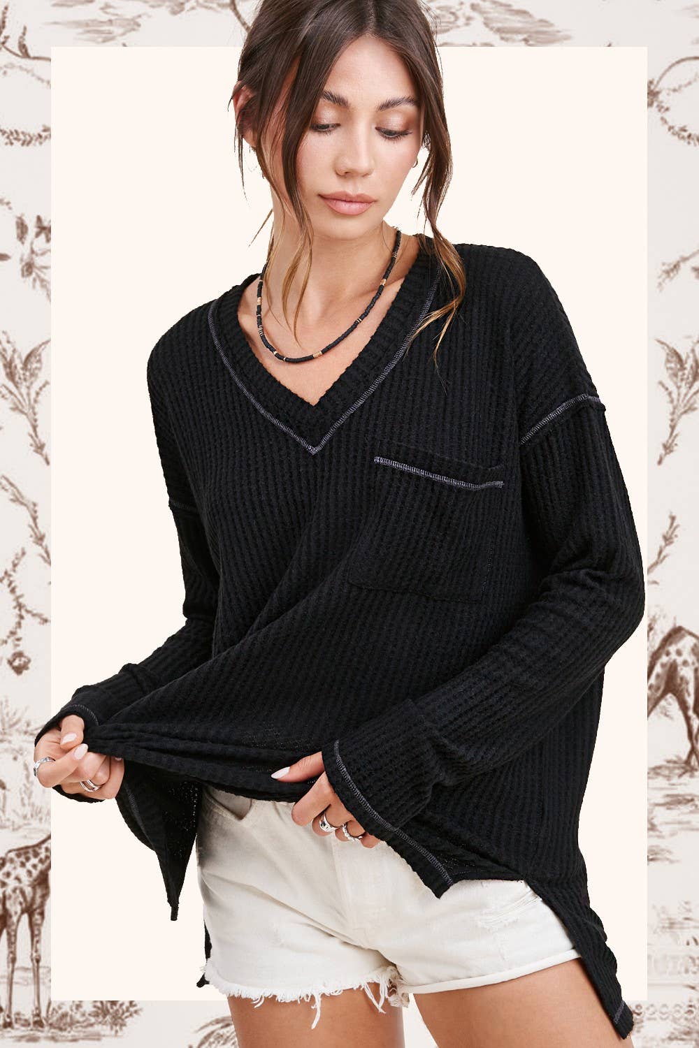 JAT7555-Stretchy Brushed Waffle V-neck Long Sleeve Top