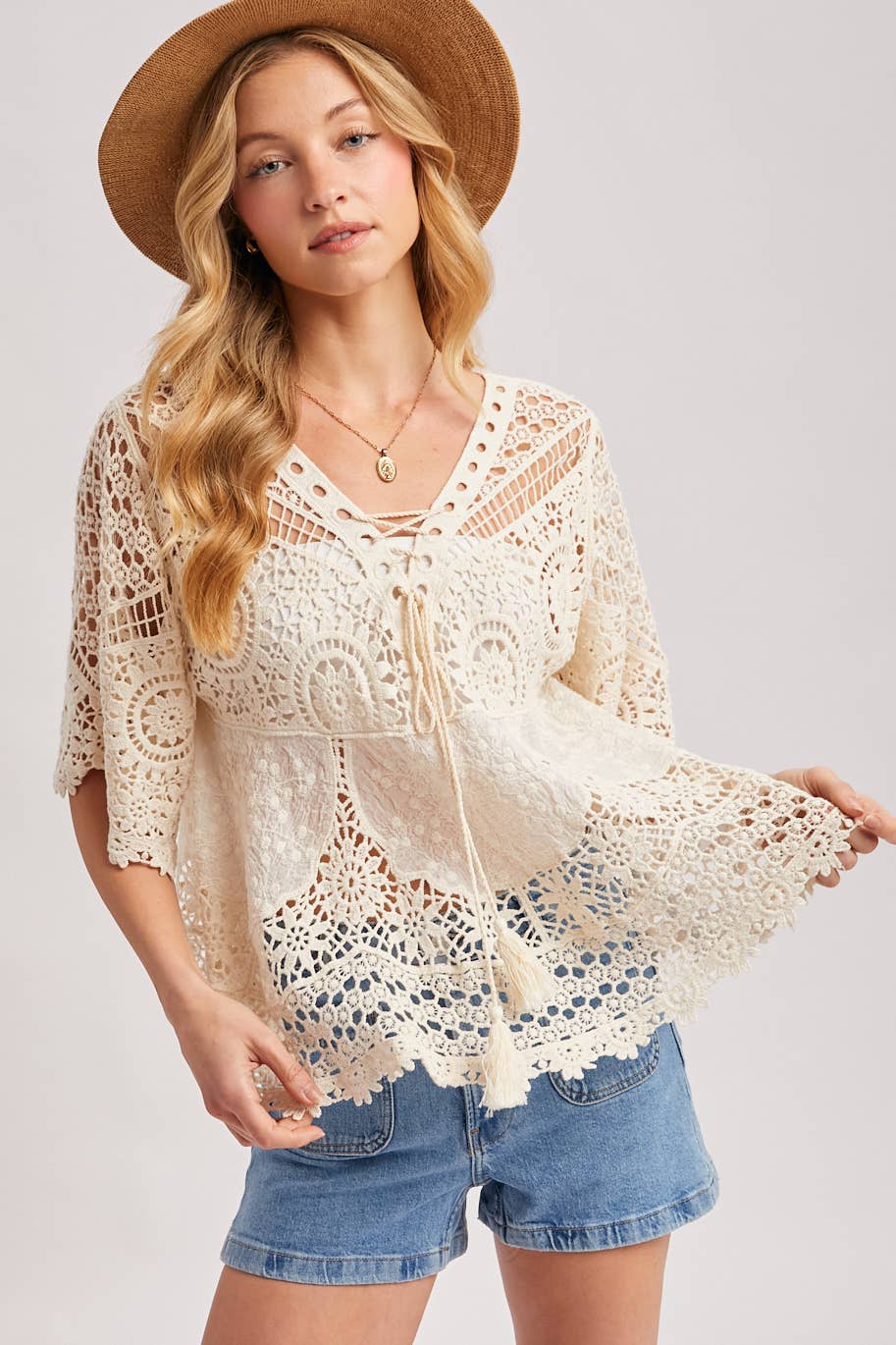 Bluivy - BOHO SHEER CROCHET LACE TOP WITH TASSELS