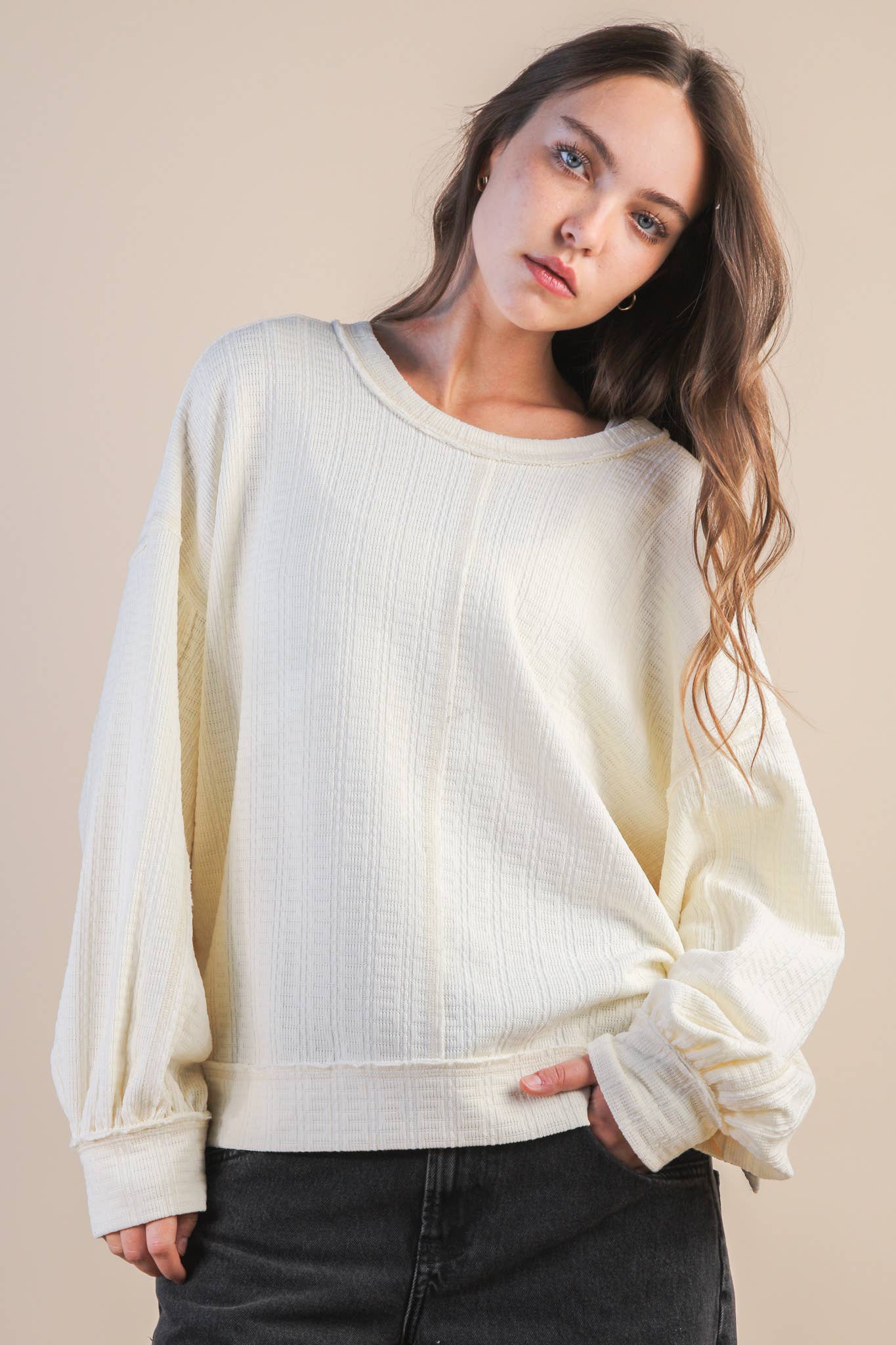 VERY J - NT12413-Raw Edge Detail Oversized Textured Knit Top