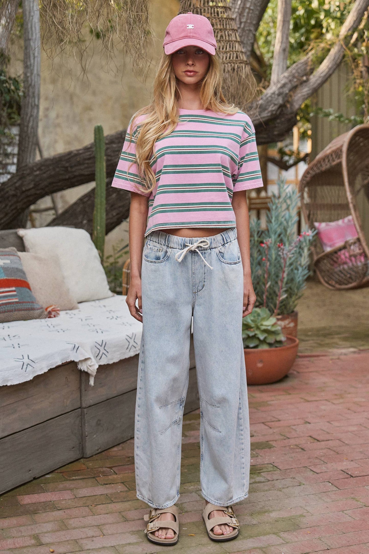 Urban Daizy - Vintage Washed Striped Cotton Crop Tee