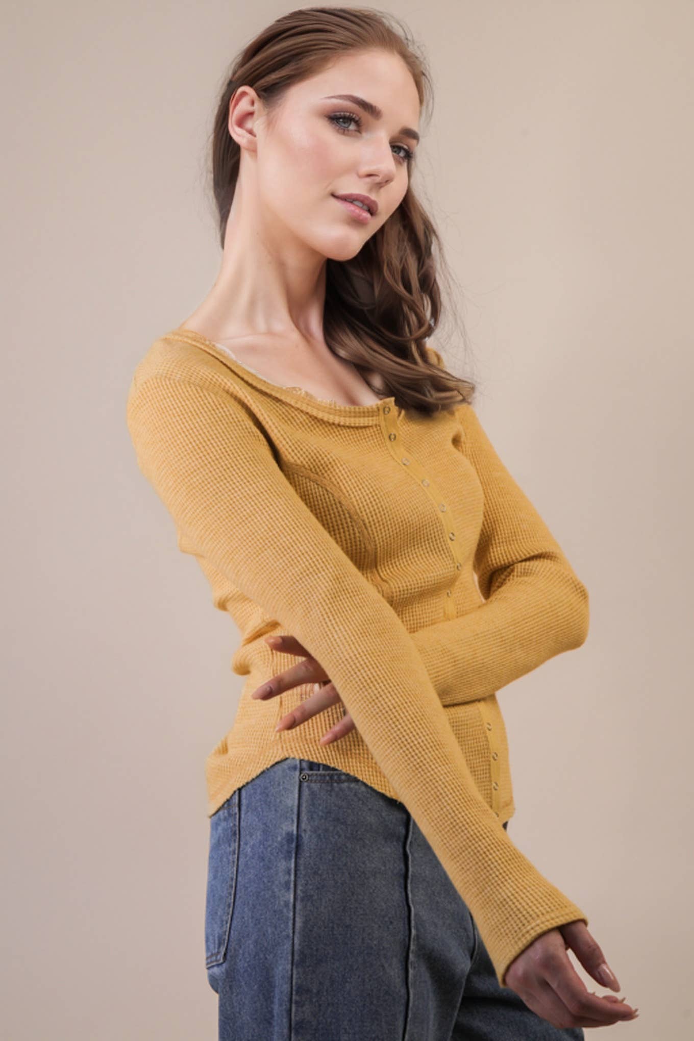 NT12243-Button Down Fitted Knit Casual Top