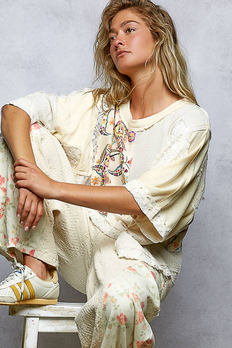 Round Neck Double Gauze Floral Woven Top