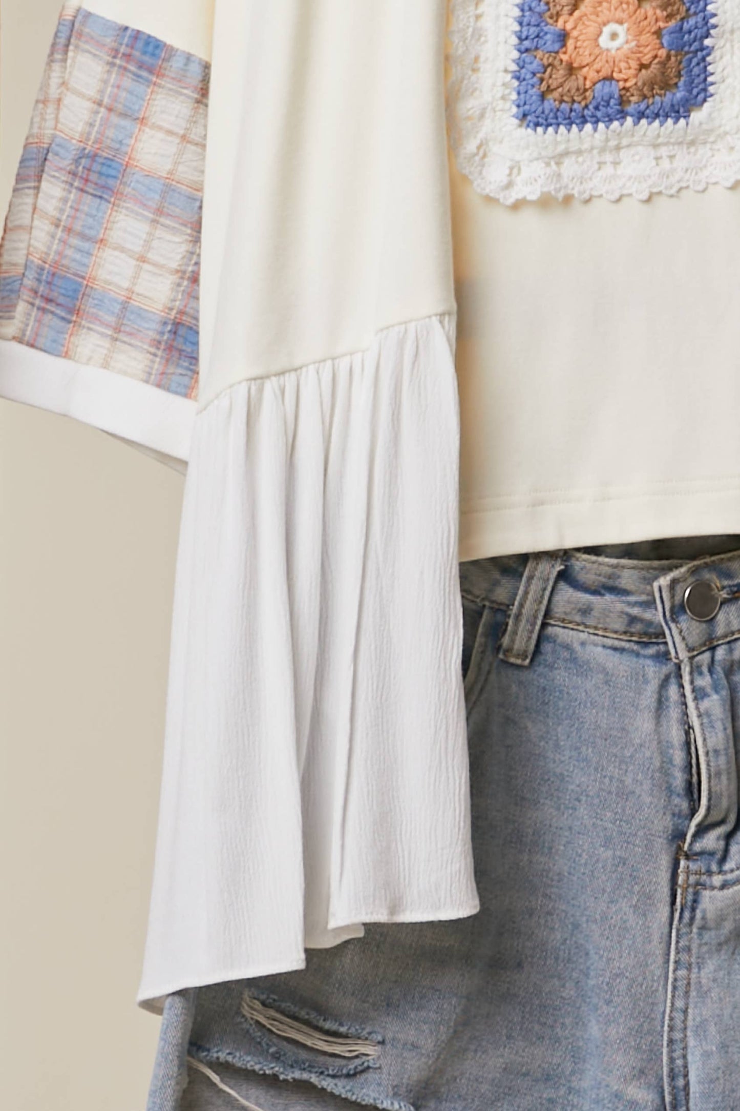 Mello. - Patchwork Motif Knit Top Sheer Layered Sleeves