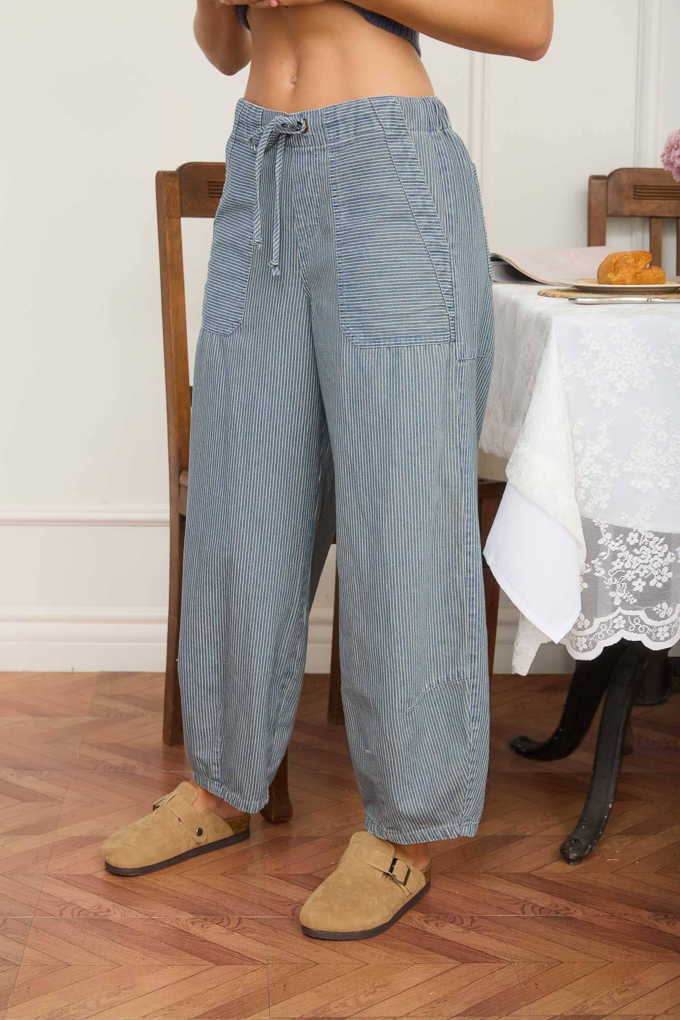 STRIPE DENIM WAIST TIE PARACHUTE PANTS