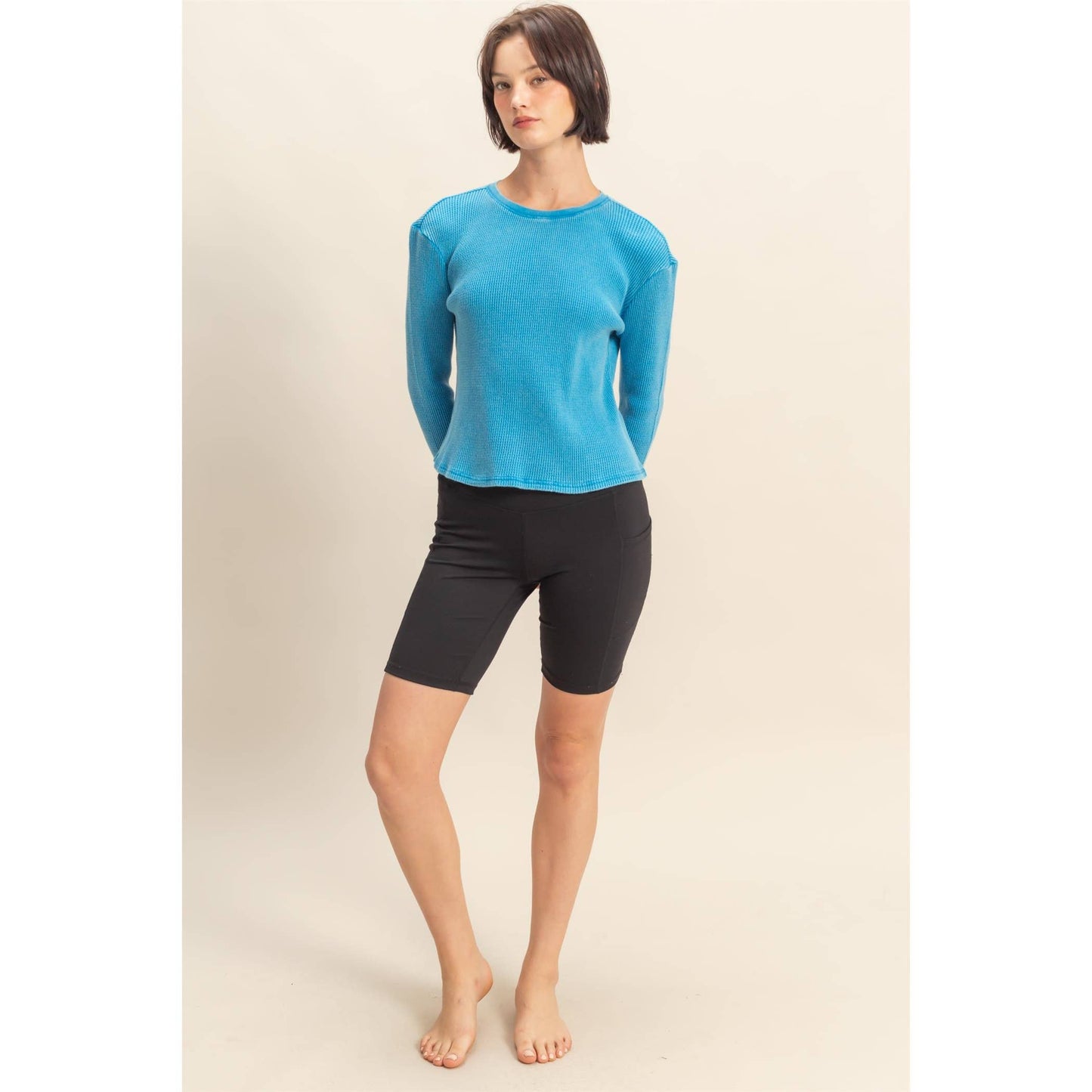 Mineral Wash Waffle Knit Long Sleeve Top