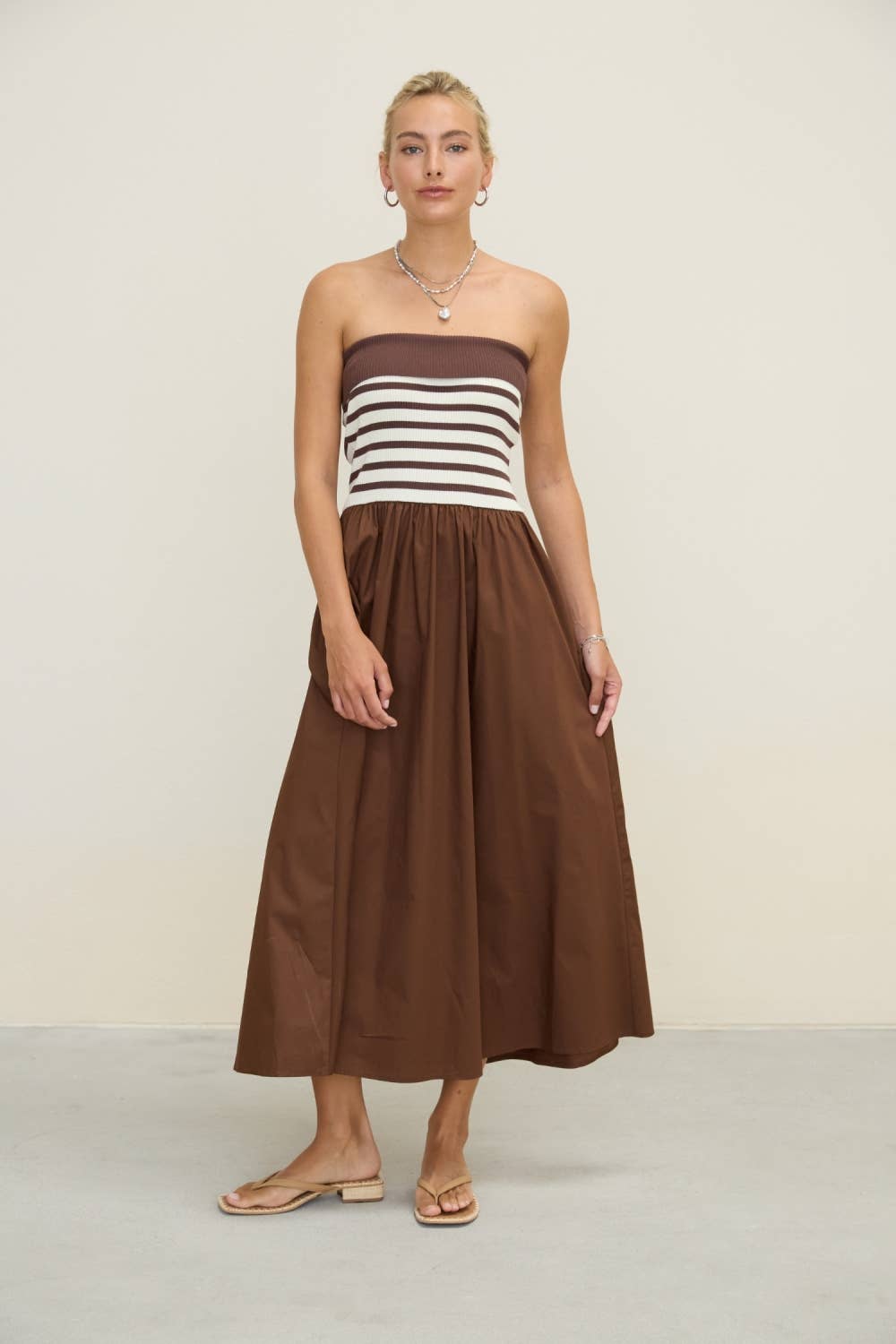 Dottie Dottié Garage - Stripe Knit Bodice Strapless Woven Skirt Midi Dress