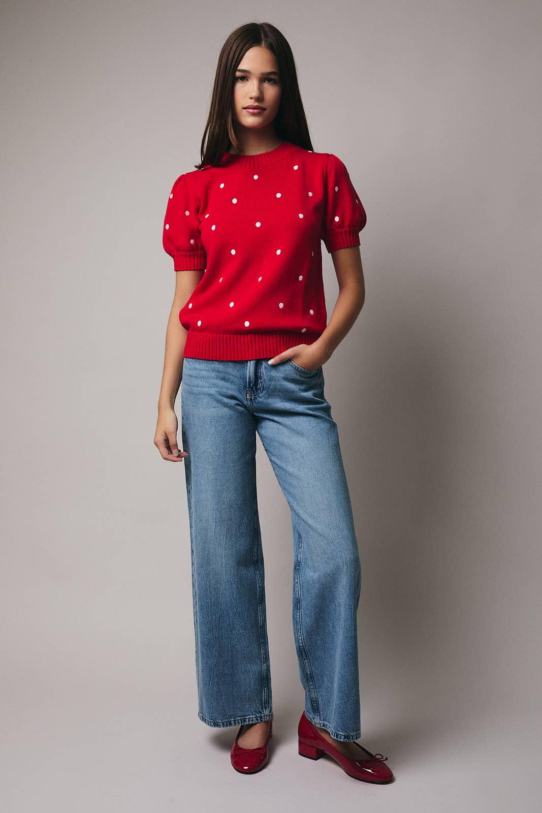 Sunday Edition - ROUND NECK PUFF SHORT SLEEVE "POLKA DOT" EMBROIDERED SWEATER