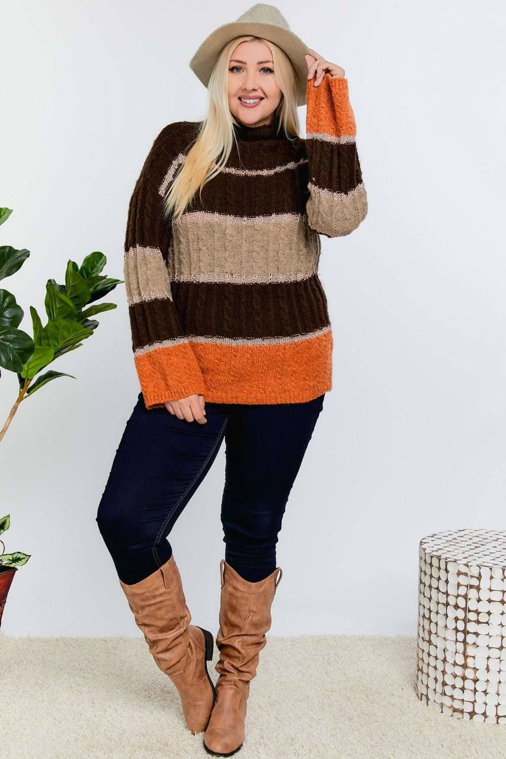 PLUS COLOR BLOCK MOCK NECK LONG SLEEVE SWEATER