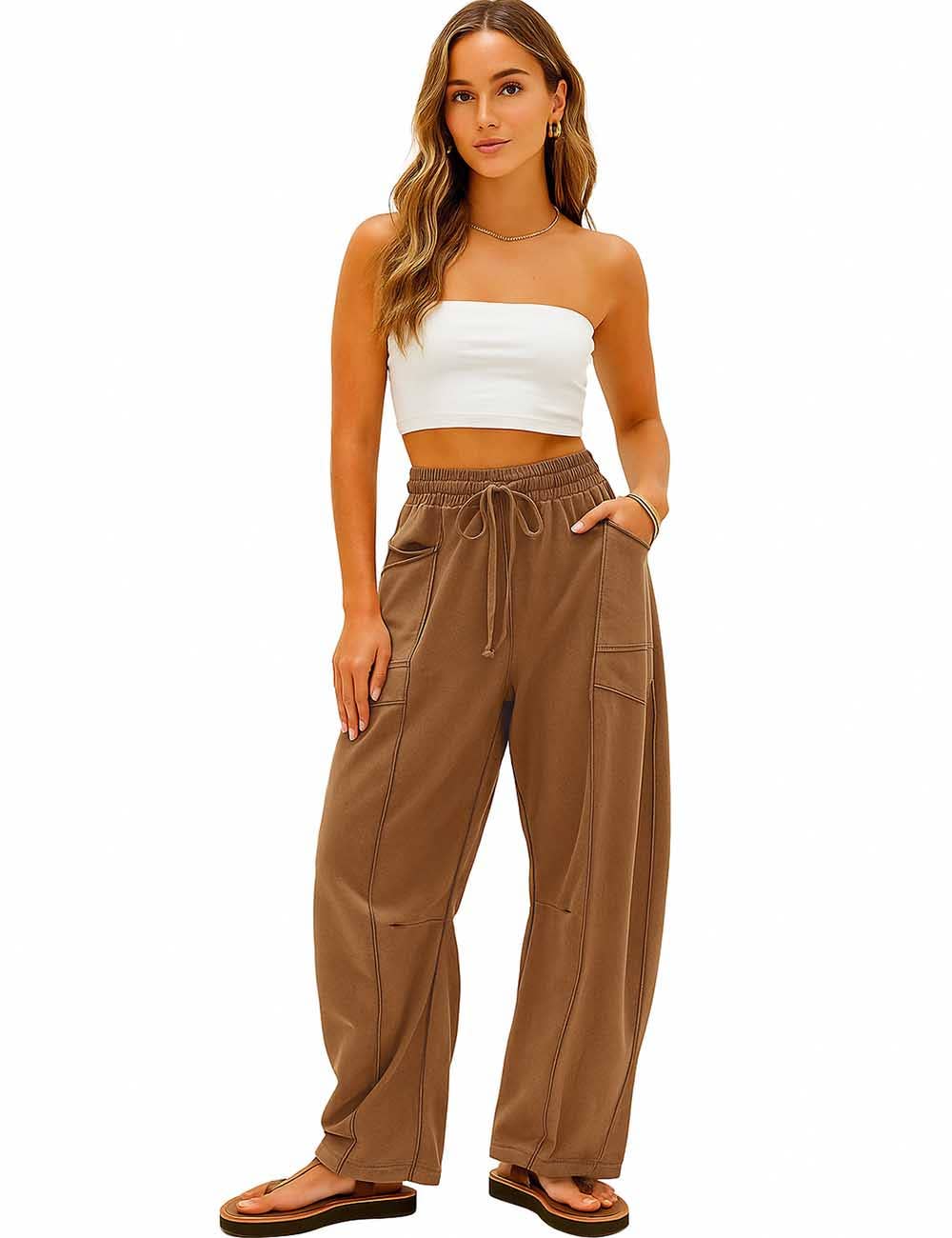 Ladies Contrast Stitching Elastic Waist Drawstring Barrel Pants